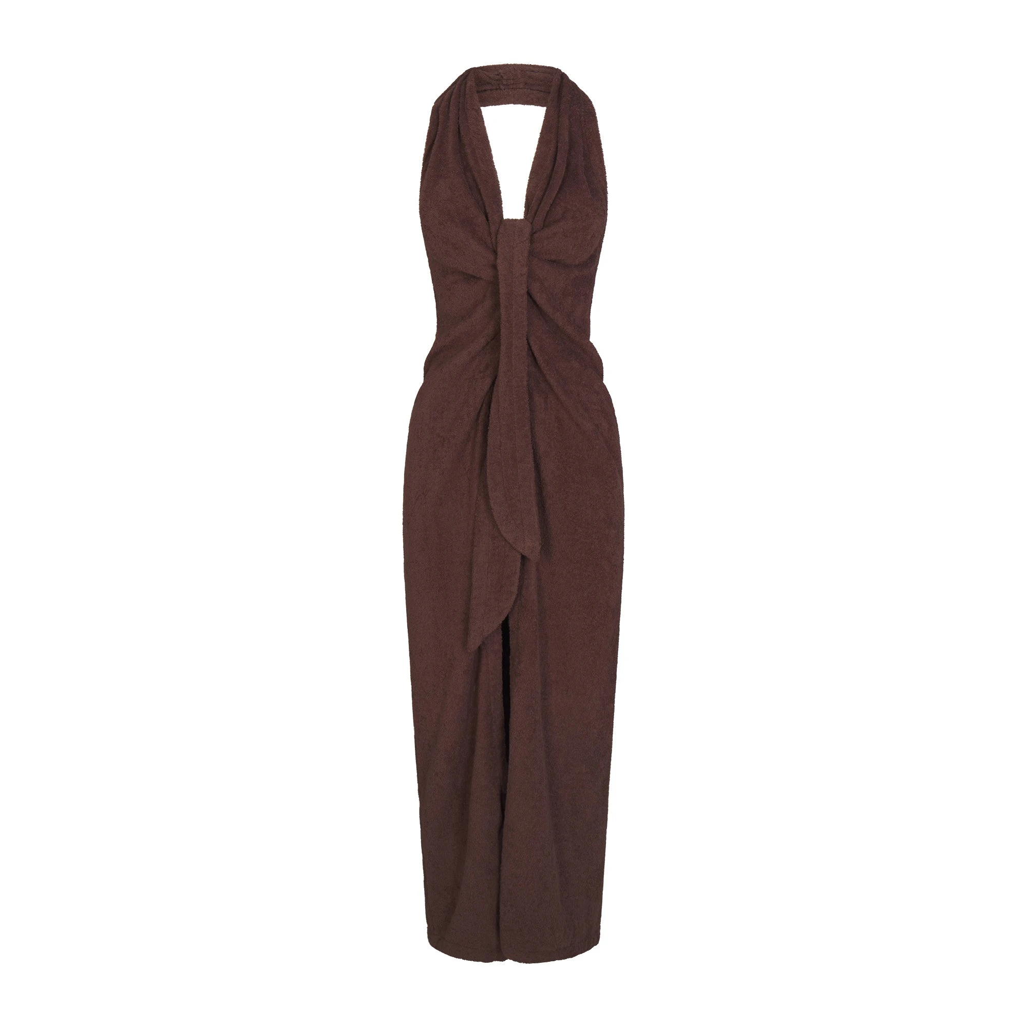 TERRY COVER-UPS DEEP PLUNGE HALTER WRAP DRESS | DARK SEPIA | SKIMS TERRY COVER-UPS DEEP PLUNGE HALTER WRAP DRESS | DARK SEPIA | SKIMS