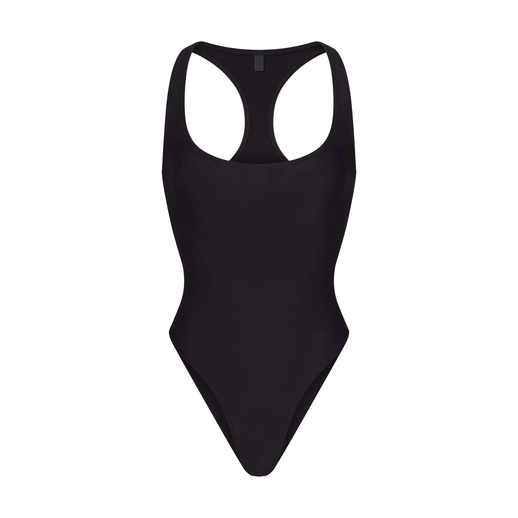 ICONIC SWIM RACERBACK ONE PIECE | OBSIDIAN FLAT ON A WHITE BACKGROUND | FLT