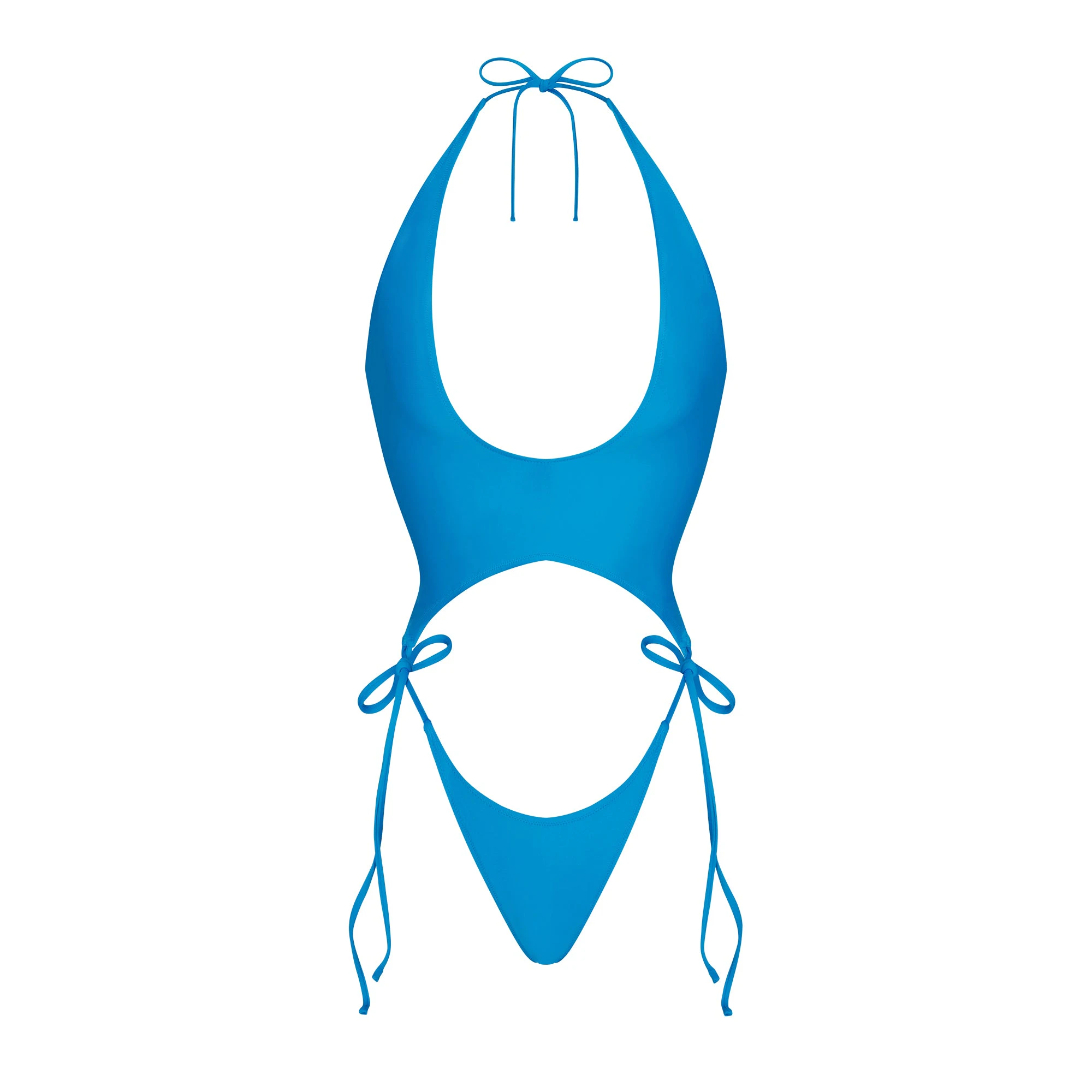 SIGNATURE SWIM PLUNGE MONOKINI | CERULEAN LAYS FLAT ON A WHITE BACKGROUND | FLT