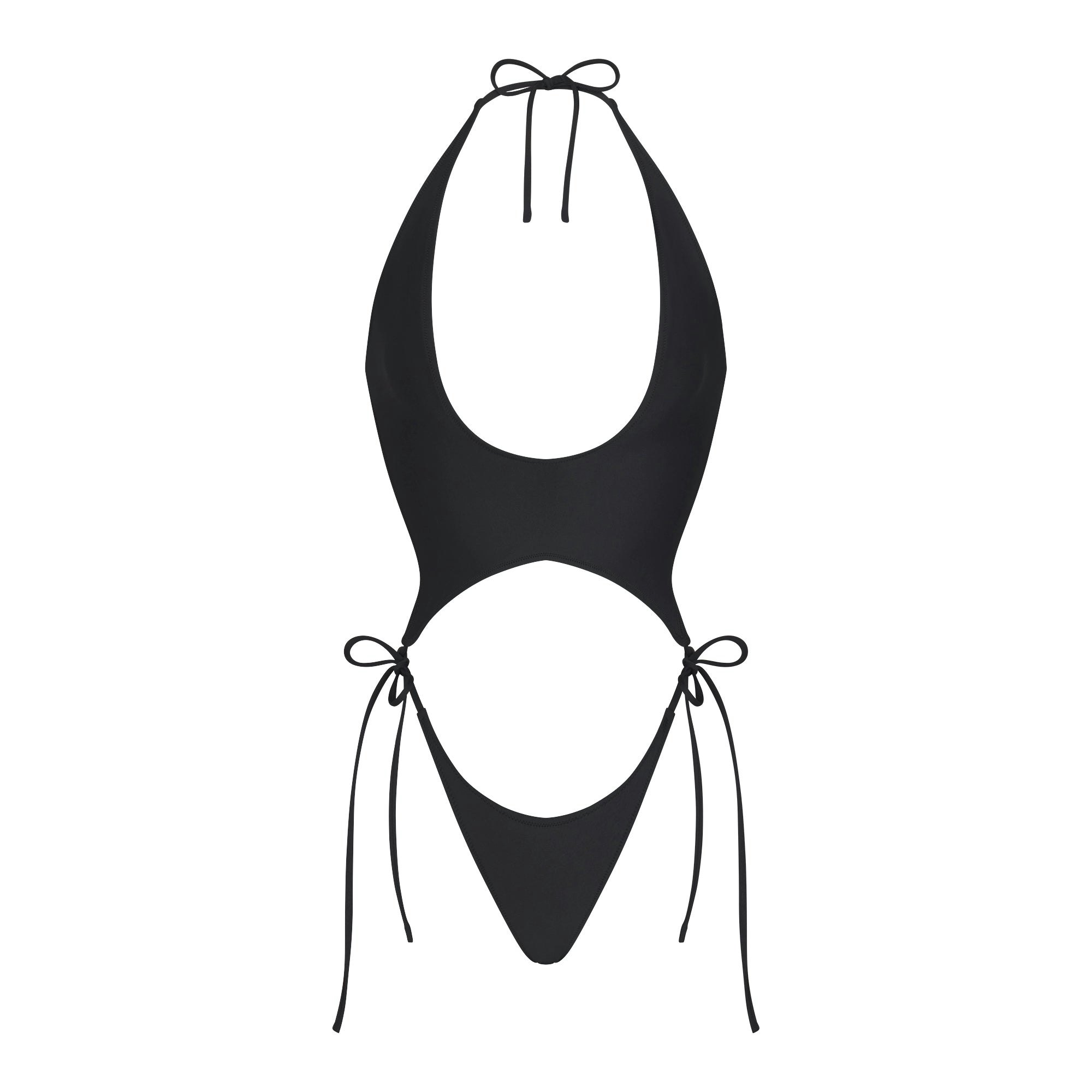 SIGNATURE SWIM PLUNGE MONOKINI | ONYX LAYS FLAT ON A WHITE BACKGROUND | FLT