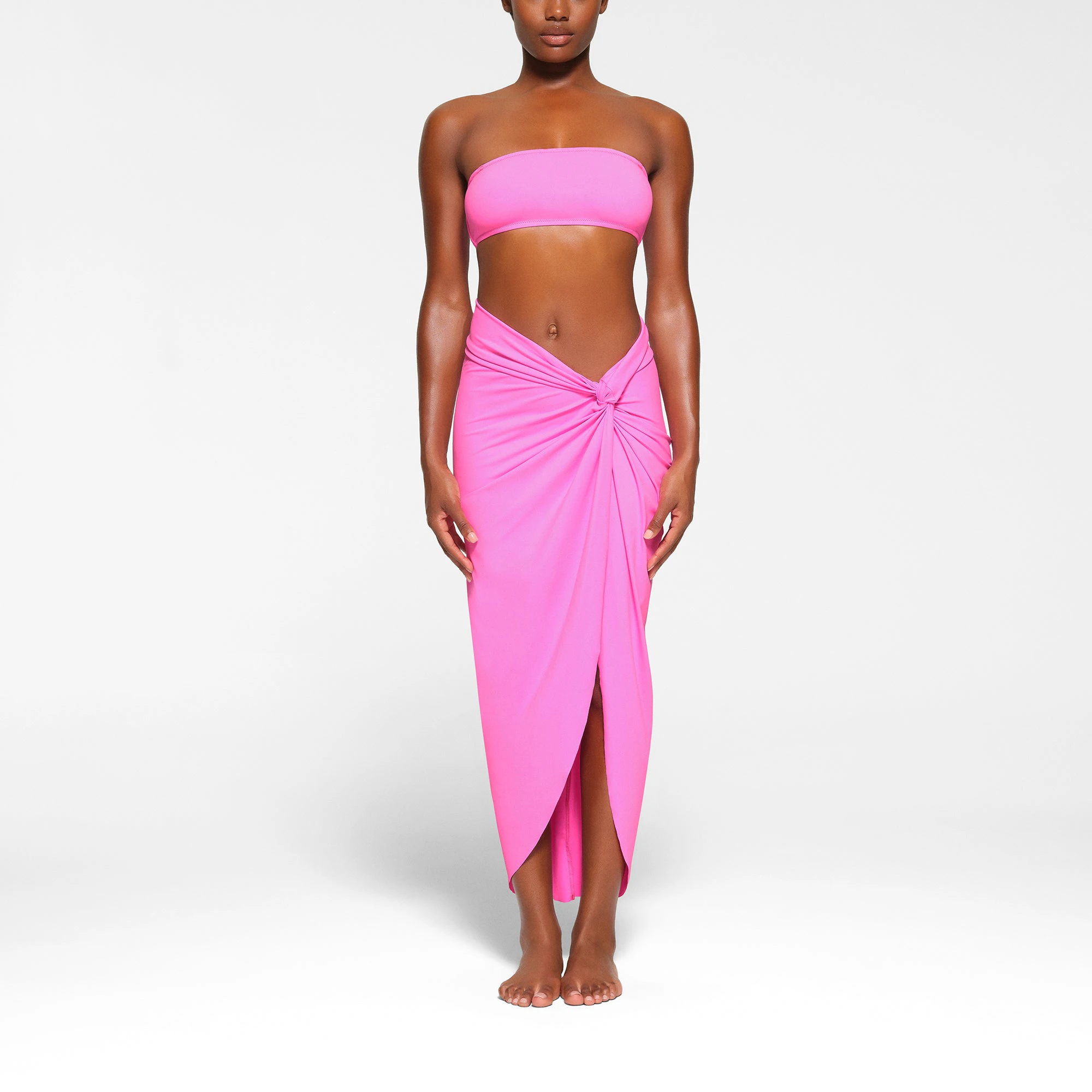 SWIM SARONG SKIRT WORN BY A MODEL IN FRONT VIEW