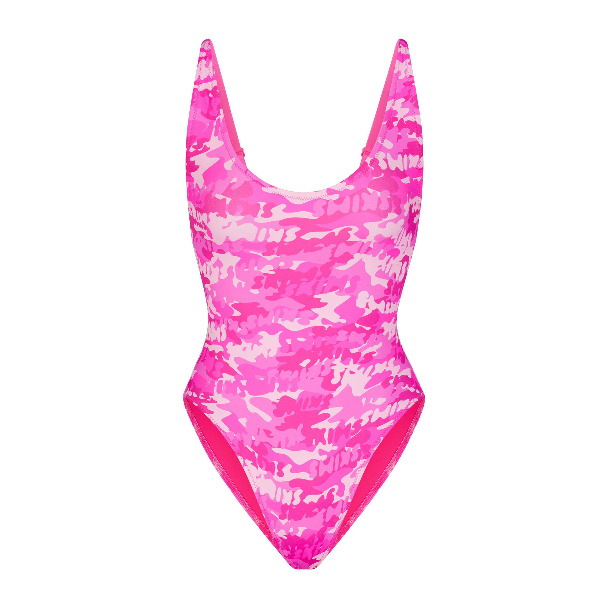SIGNATURE SWIM SCOOP NECK ONE PIECE | PINK SKIMS CAMO (ONE PIECE SWIMSUITS, SWIM) LAYS FLAT ON A WHITE BACKGROUND | FLT