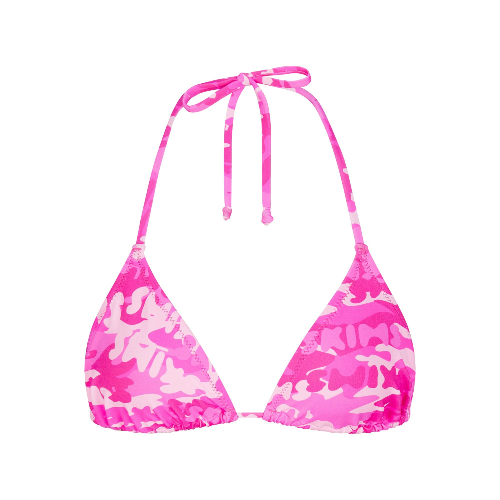 SIGNATURE SWIM TRIANGLE TOP | PINK SKIMS CAMO (BIKINI TOPS, SWIM) LAYS FLAT ON A WHITE BACKGROUND | FLT