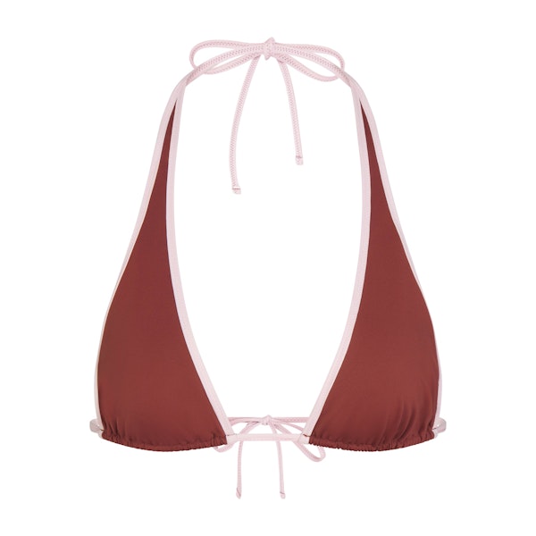 SIGNATURE SWIM HALTER PLUNGE BIKINI TOP | HENNA CONTRAST LAYS FLAT ON A WHITE BACKGROUND | FLT