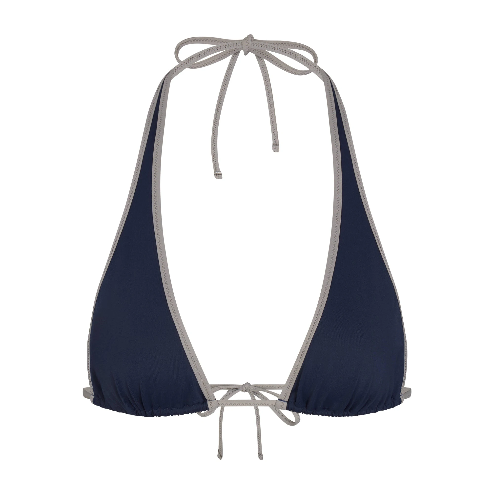 SIGNATURE SWIM HALTER PLUNGE BIKINI TOP | NAVY CONTRAST LAYS FLAT ON A WHITE BACKGROUND | FLT