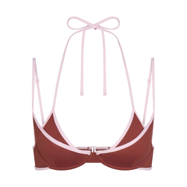 SIGNATURE SWIM LAYERED PLUNGE BIKINI TOP | HENNA CONTRAST LAYS FLAT ON A WHITE BACKGROUND | FLT