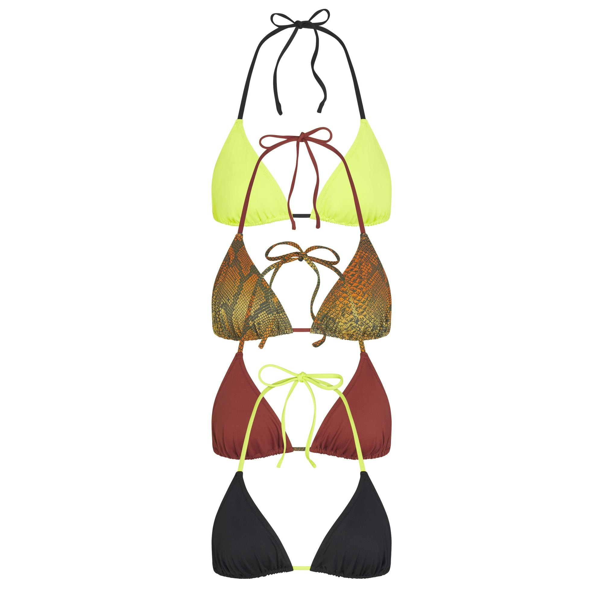 SIGNATURE SWIM TRIANGLE BIKINI TOP 4-PACK | OMBRE SNAKE MULTI LAYS FLAT ON A WHITE BACKGROUND  @ | FOCUS: 0.0, 1.0, 0.9