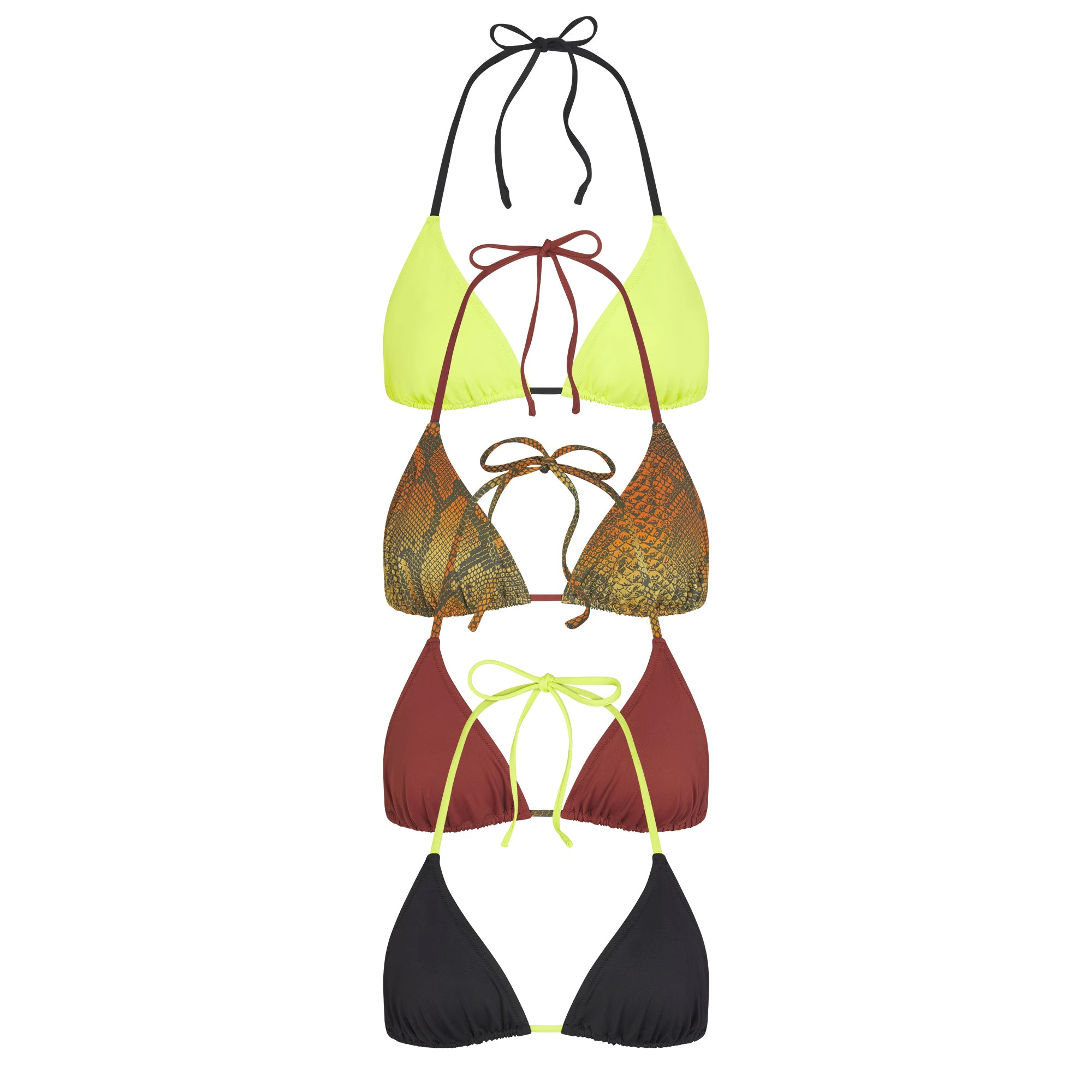 SIGNATURE SWIM TRIANGLE BIKINI TOP 4-PACK | OMBRE SNAKE MULTI LAYS FLAT ON A WHITE BACKGROUND | FLT