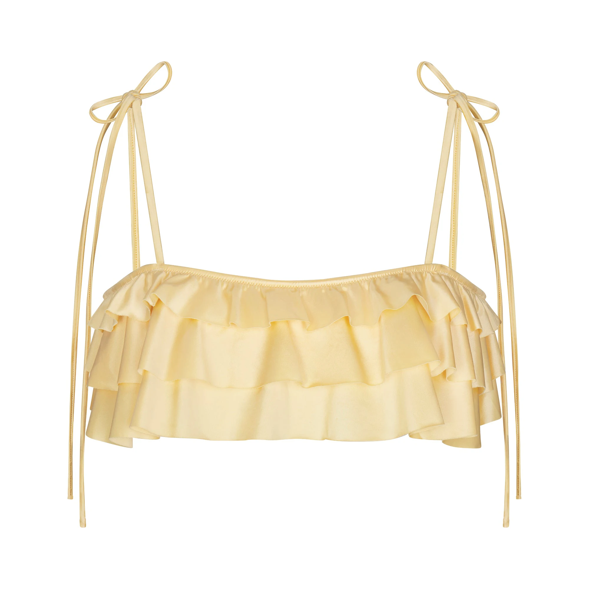 SATIN SWIM RUFFLE BANDEAU BIKINI TOP | MARZIPAN FLAT ON A WHITE BACKGROUND | FLT