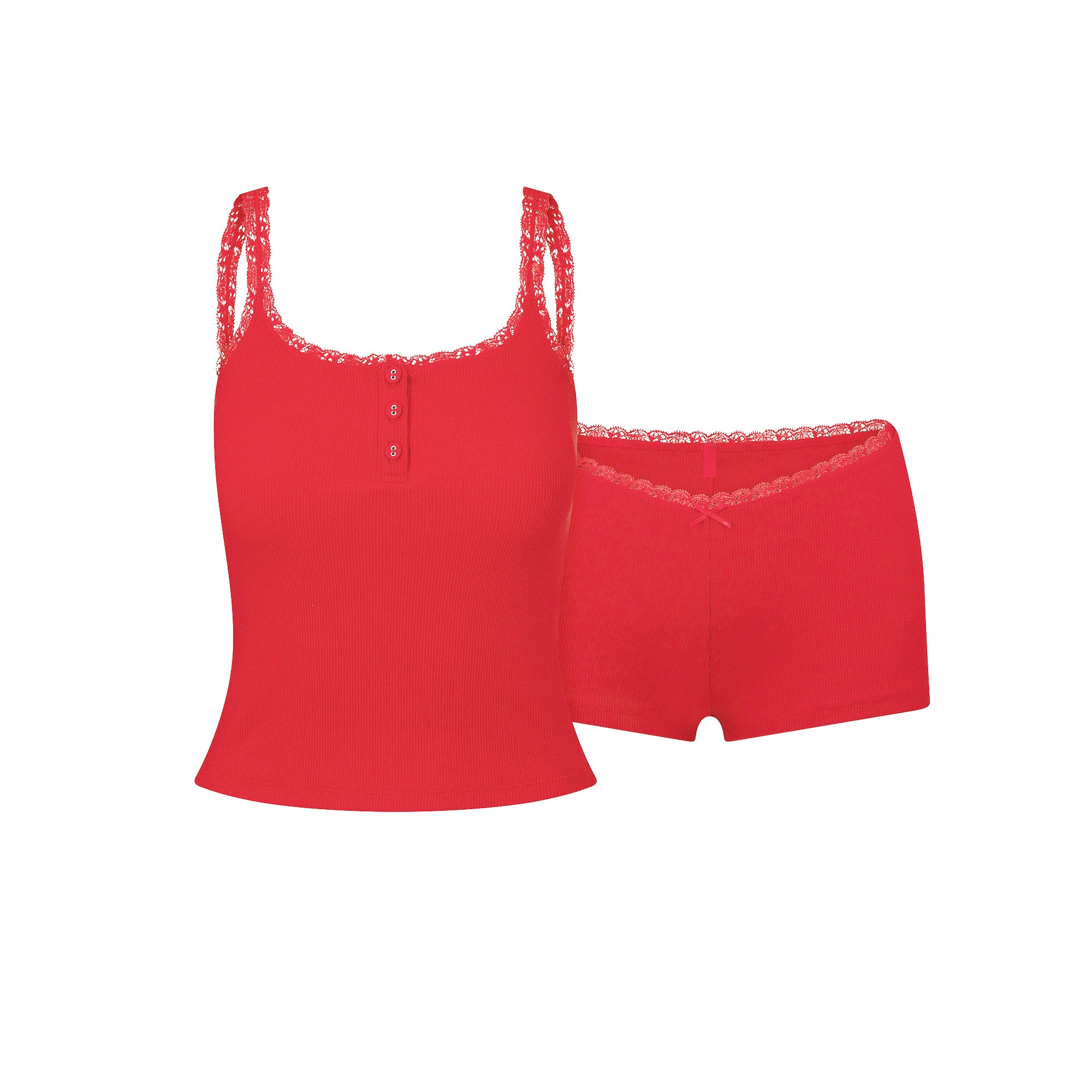 COTTON RIB LACE TANK AND SHORT SET | CRANBERRY | XXS