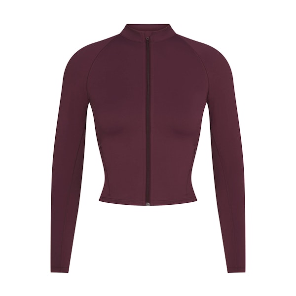 NikeSKIMS MATTE MOCK NECK FULL ZIP JACKET | CURRANT FLAT ON A WHITE BACKGROUND | FLT