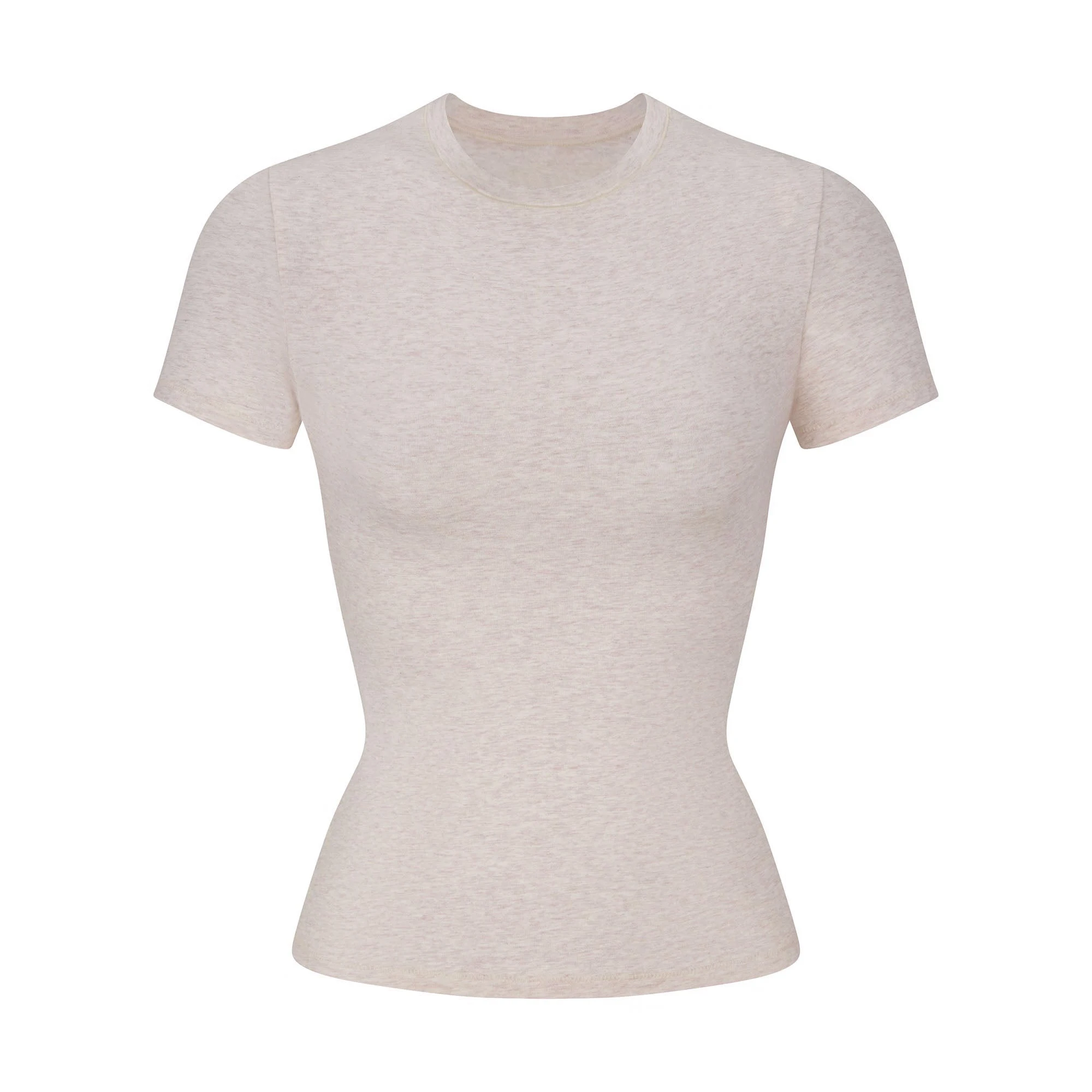COTTON JERSEY T SHIRT HEATHER OATMEAL FLAT ON A WHITE BACKGROUND | FLT | FLT