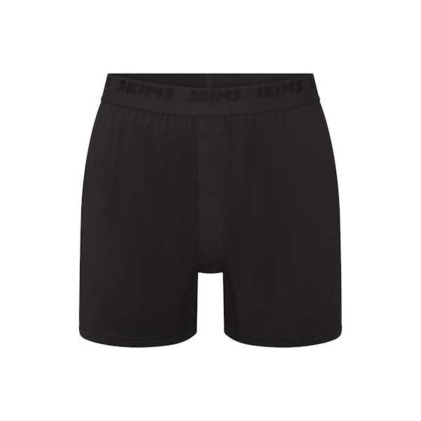 SKIMS STRETCH MENS KNIT BOXER | OBSIDIAN (MENS BOXERS) FLAT ON A WHITE BACKGROUND | FLT