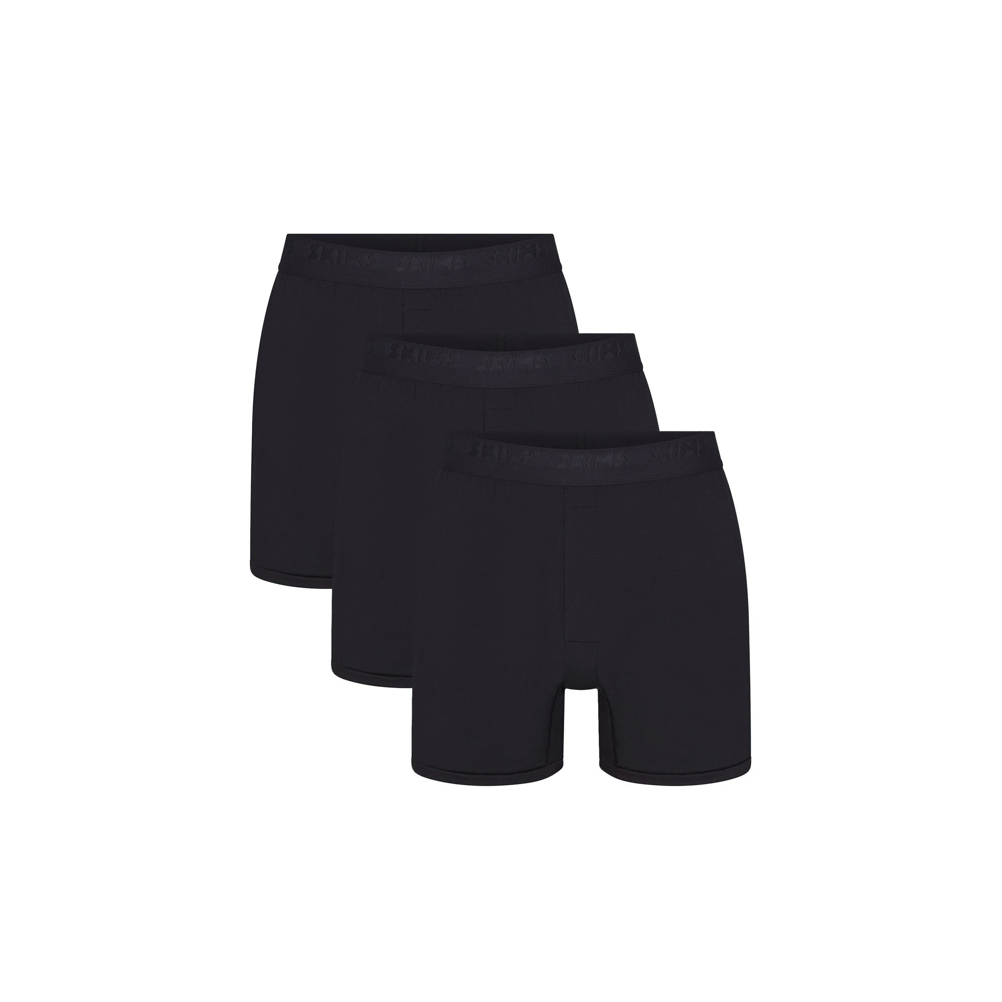 SKIMS STRETCH MENS KNIT BOXER 3-PACK | (MENS BOXERS) FLAT ON A WHITE BACKGROUND | FLT | FOCUS: 0.0, 1.0, 0.9