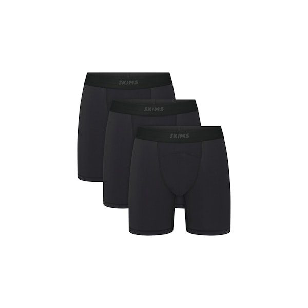 SKIMS SPORT MENS 5" BOXER BRIEF 3-PACK | OBSIDIAN (MENS BOXERS) FLAT ON A WHITE BACKGROUND | FLT | FOCUS: 0.0, 1.0, 0.9 