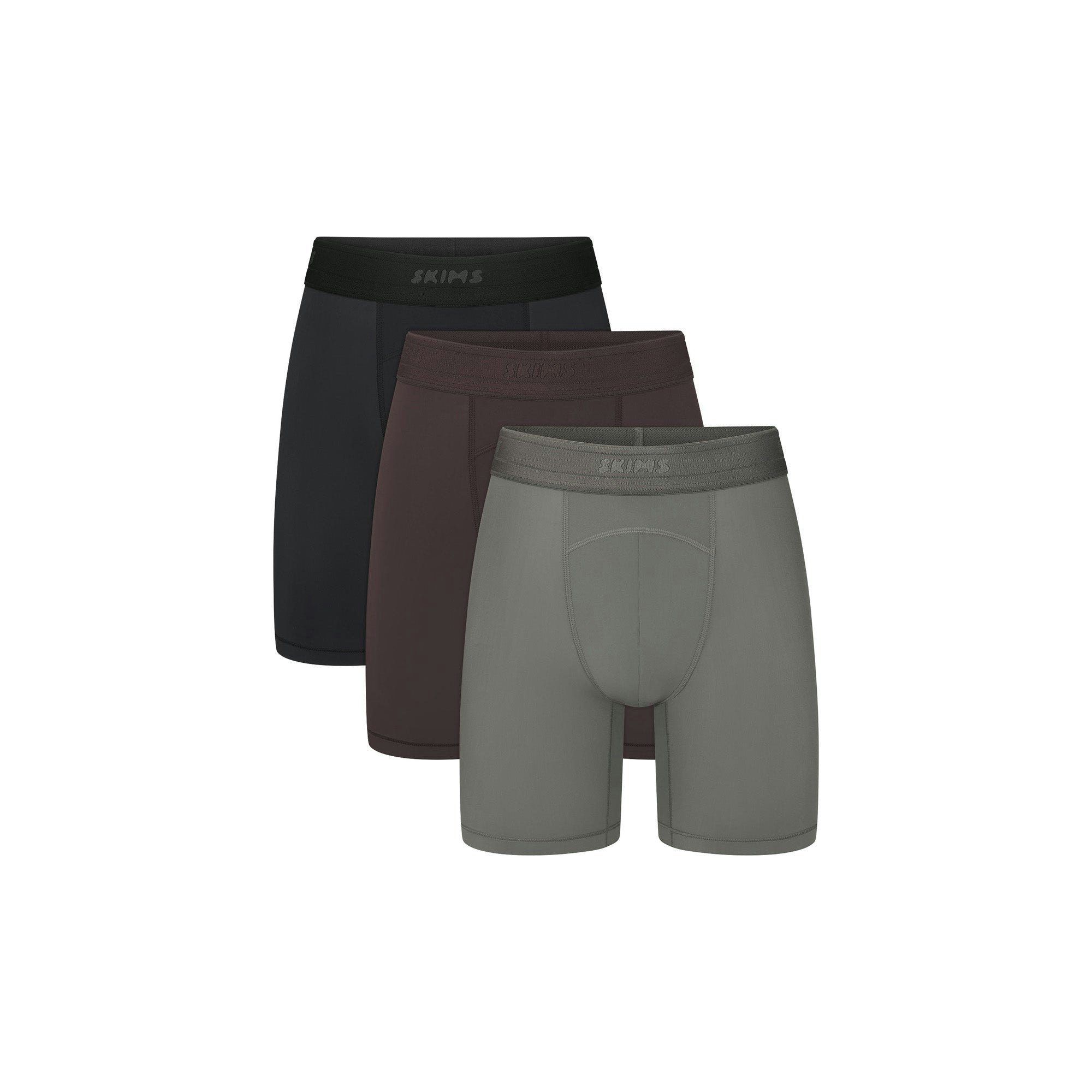 SKIMS SPORT MENS 7" BOXER BRIEF 3-PACK | OBSIDIAN MULTI (MENS BOXERS) FLAT ON A WHITE BACKGROUND | FLT | FOCUS: 0.0, 1.0, 0.9