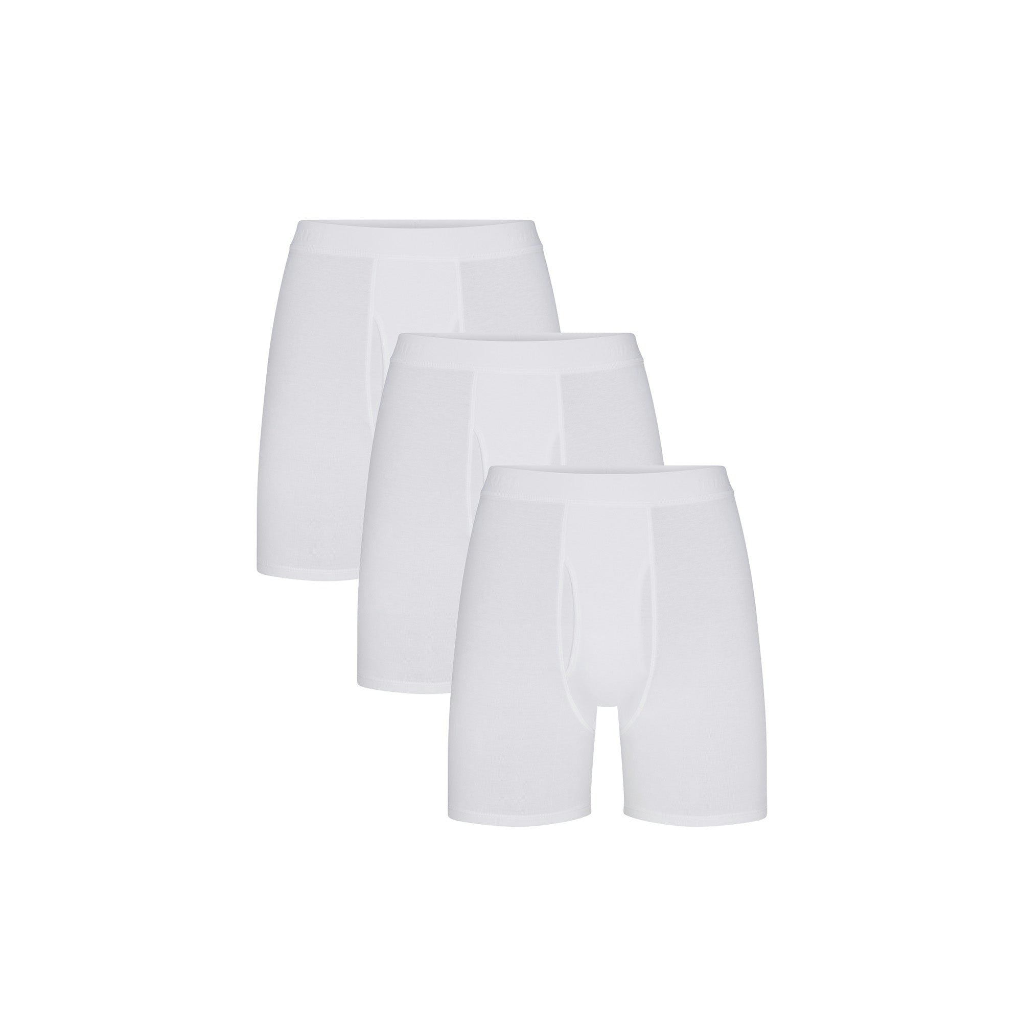 SKIMS BASICS MENS COTTON BOXER BRIEF 3-PACK | CHALK (MENS BOXERS) FLAT ON A WHITE BACKGROUND | FLT | FOCUS: 0.0, 1.0, 0.9