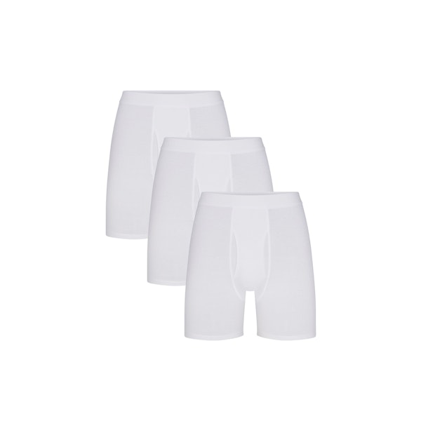 SKIMS BASICS MENS COTTON BOXER BRIEF 3-PACK | CHALK (MENS BOXERS) FLAT ON A WHITE BACKGROUND | FLT | FOCUS: 0.0, 1.0, 0.9