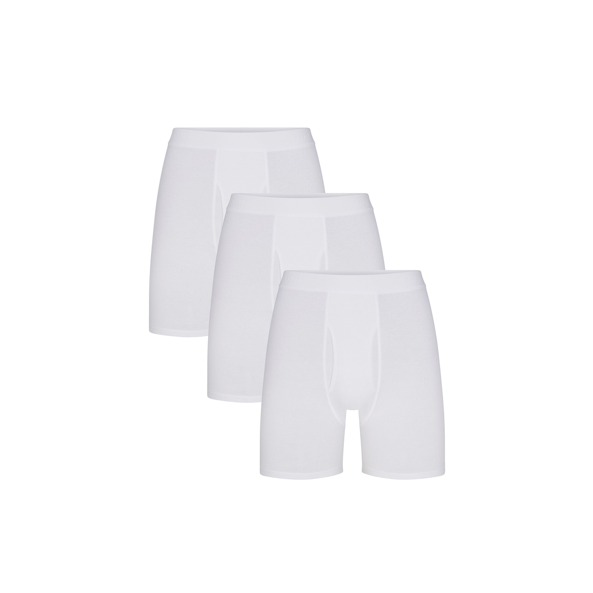 SKIMS BASICS MENS COTTON BOXER BRIEF 3-PACK | CHALK (MENS BOXERS) FLAT ON A WHITE BACKGROUND | FLT | FOCUS: 0.0, 1.0, 0.9