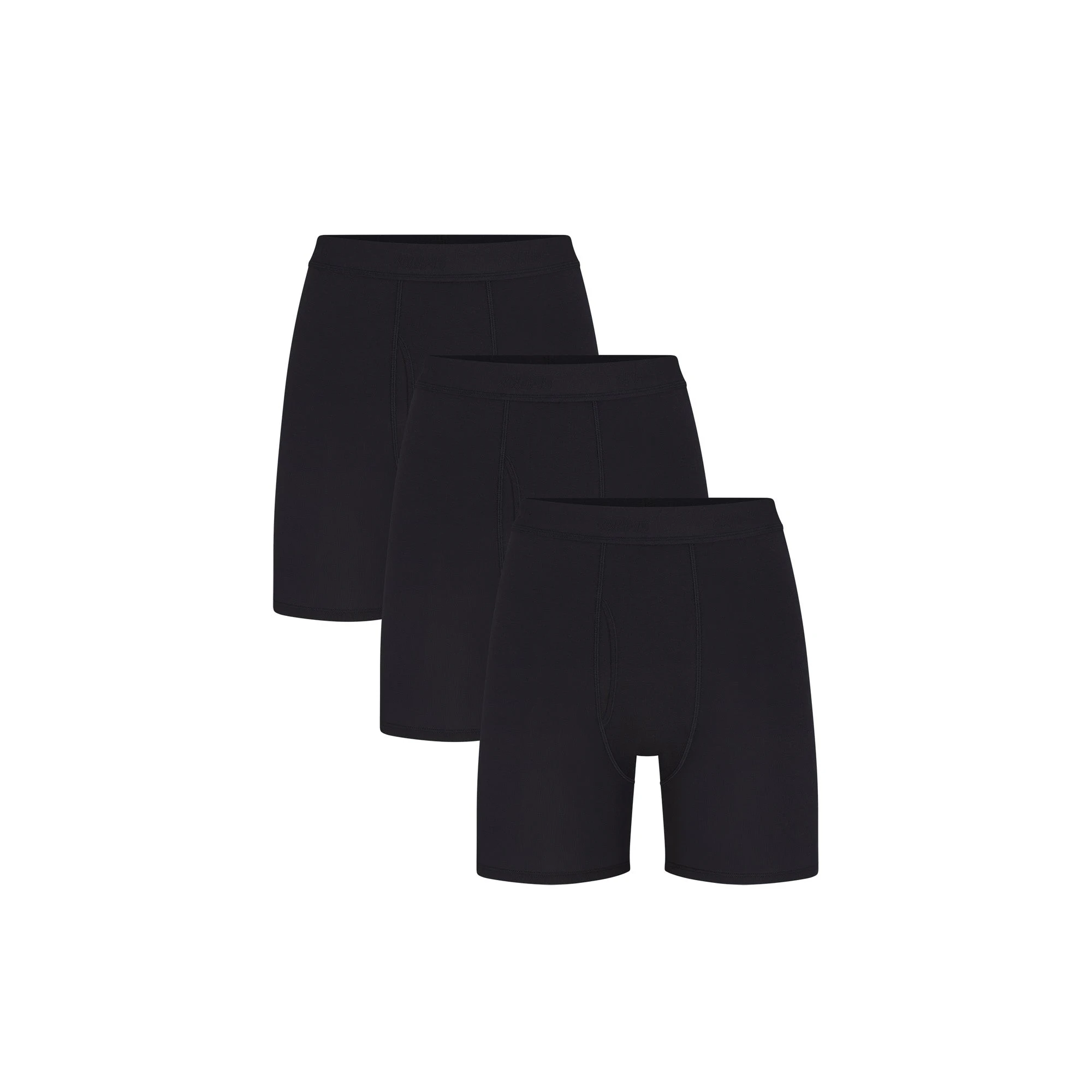 SKIMS BASICS MENS COTTON BOXER BRIEF 3-PACK | OBSIDIAN (MENS BOXERS) FLAT ON A WHITE BACKGROUND | FLT | FOCUS: 0.0, 1.0, 0.9