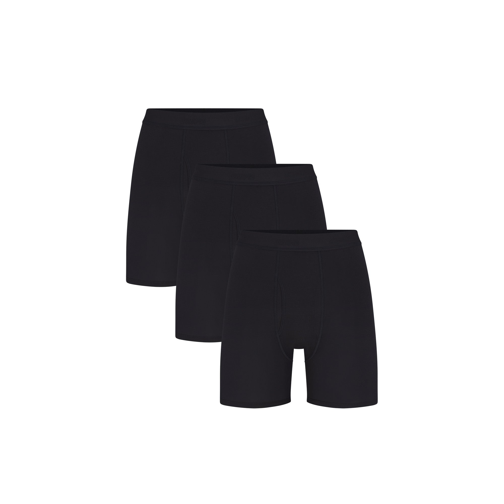 SKIMS BASICS MENS COTTON BOXER BRIEF 3-PACK | OBSIDIAN (MENS BOXERS) FLAT ON A WHITE BACKGROUND | FLT | FOCUS: 0.0, 1.0, 0.9