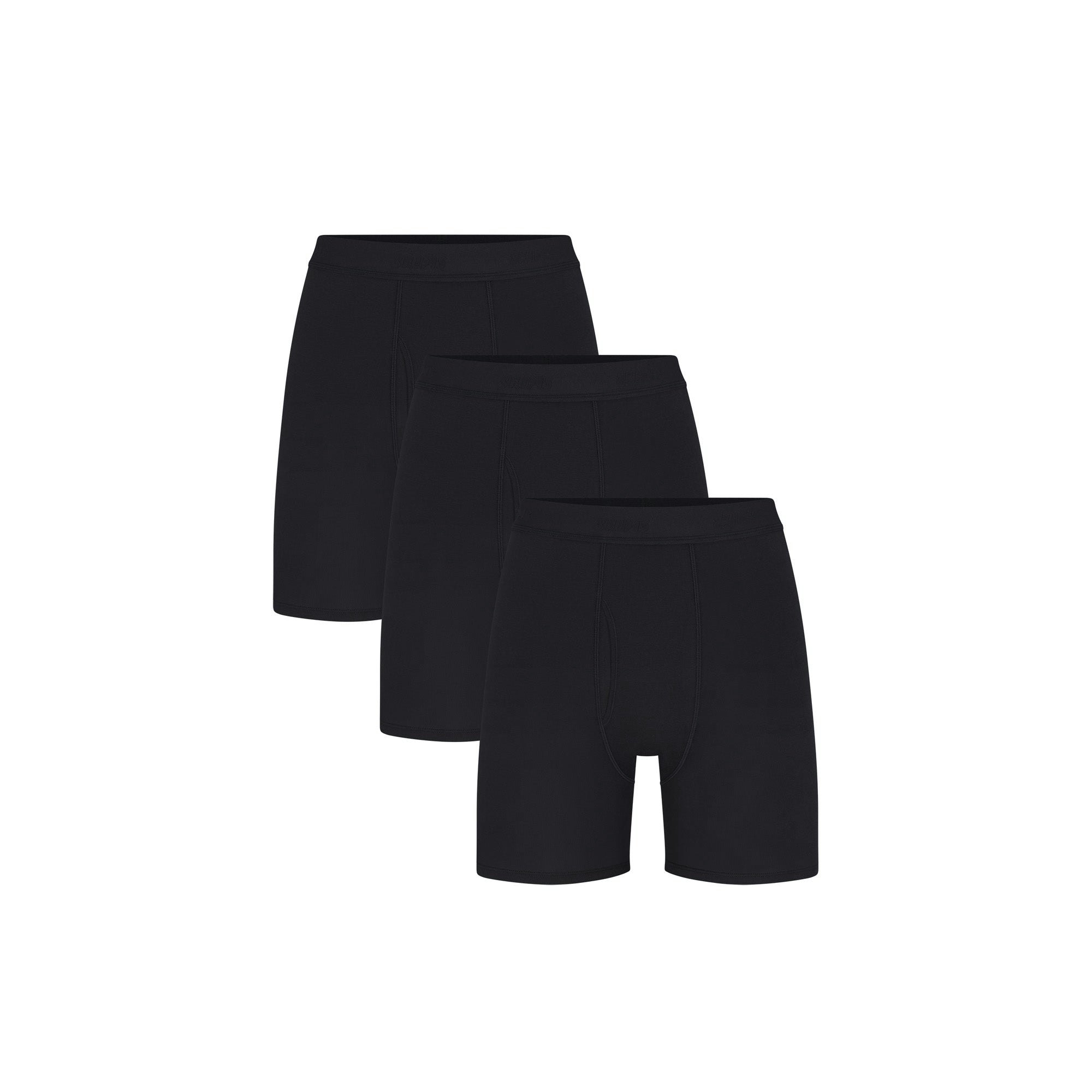 SKIMS BASICS MENS COTTON BOXER BRIEF 3-PACK | OBSIDIAN (MENS BOXERS) FLAT ON A WHITE BACKGROUND | FLT | FOCUS: 0.0, 1.0, 0.9