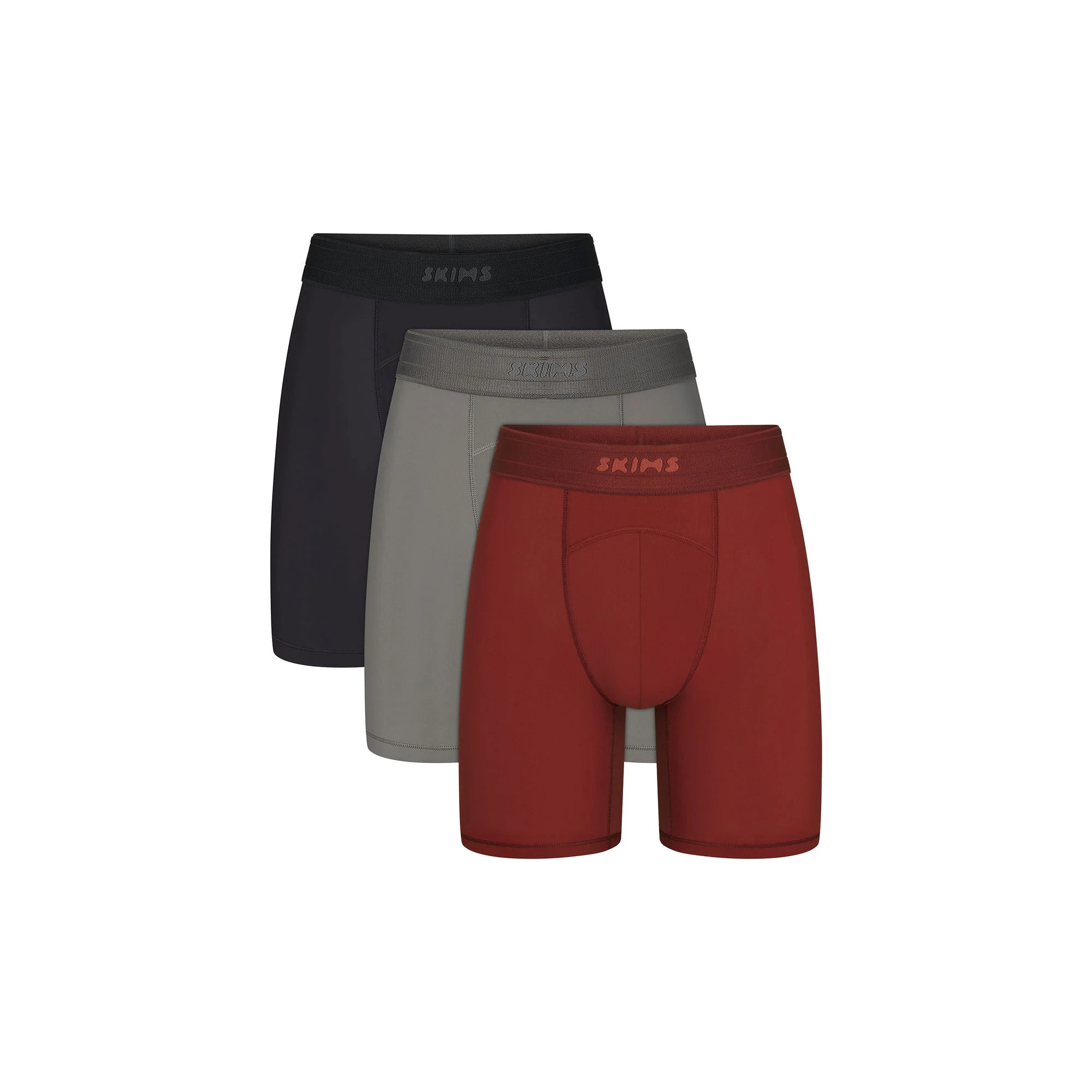 SKIMS SPORT MENS 7" BOXER BRIEF 3-PACK | SANGRIA MULTIFLAT ON A WHITE BACKGROUND | FLT