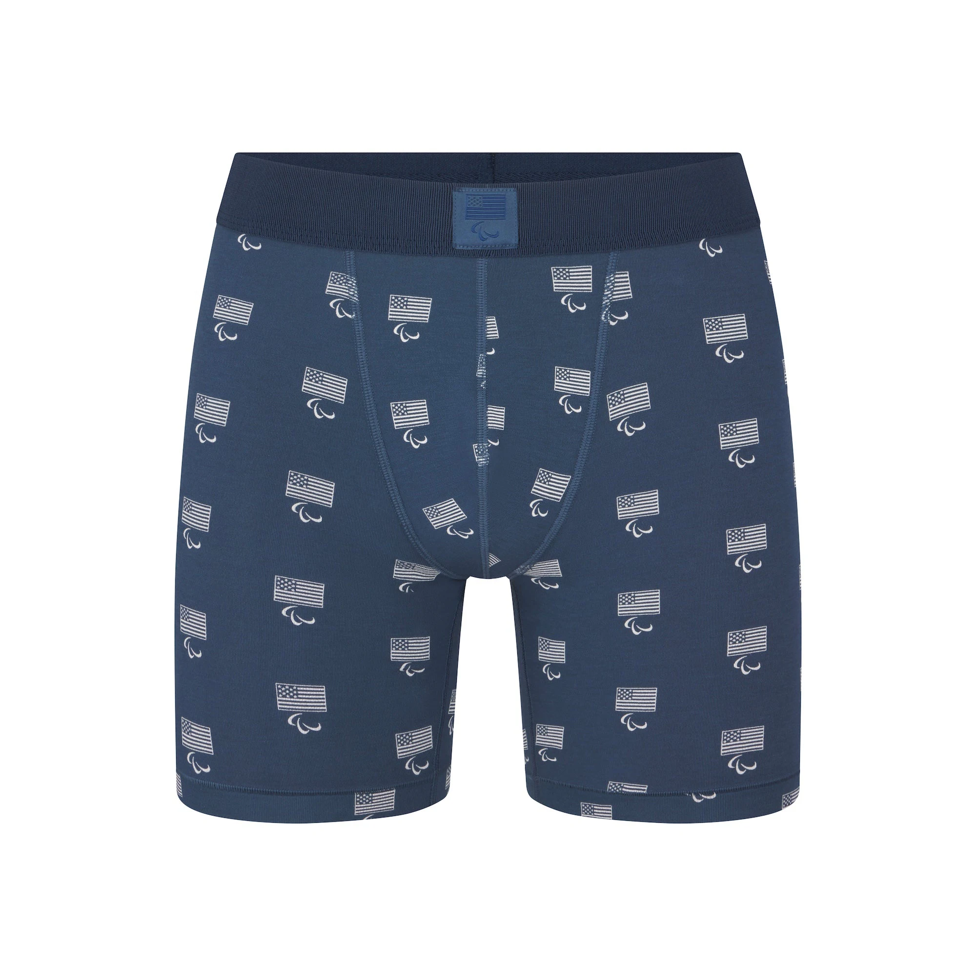 SKIMS FOR TEAM USA SKIMS COTTON MENS PARALYMPIC 5 " BOXER BRIEF | NAVY (MENS BOXERS, MENS SOCKS) FLAT ON A WHITE BACKGROUND