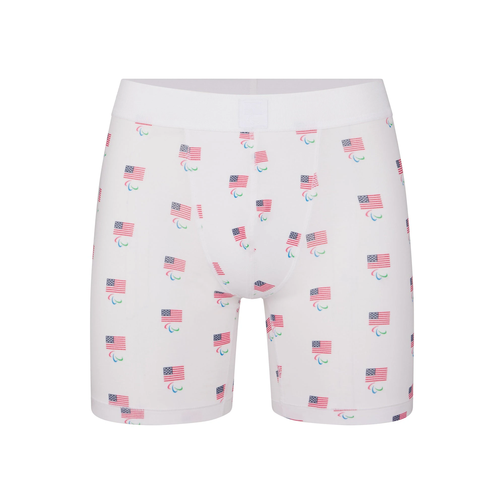 SKIMS FOR TEAM USA SKIMS COTTON MENS PARALYMPIC 5 " BOXER BRIEF | WHITE (MENS BOXERS, MENS SOCKS) FLAT ON A WHITE BACKGROUND | FLT