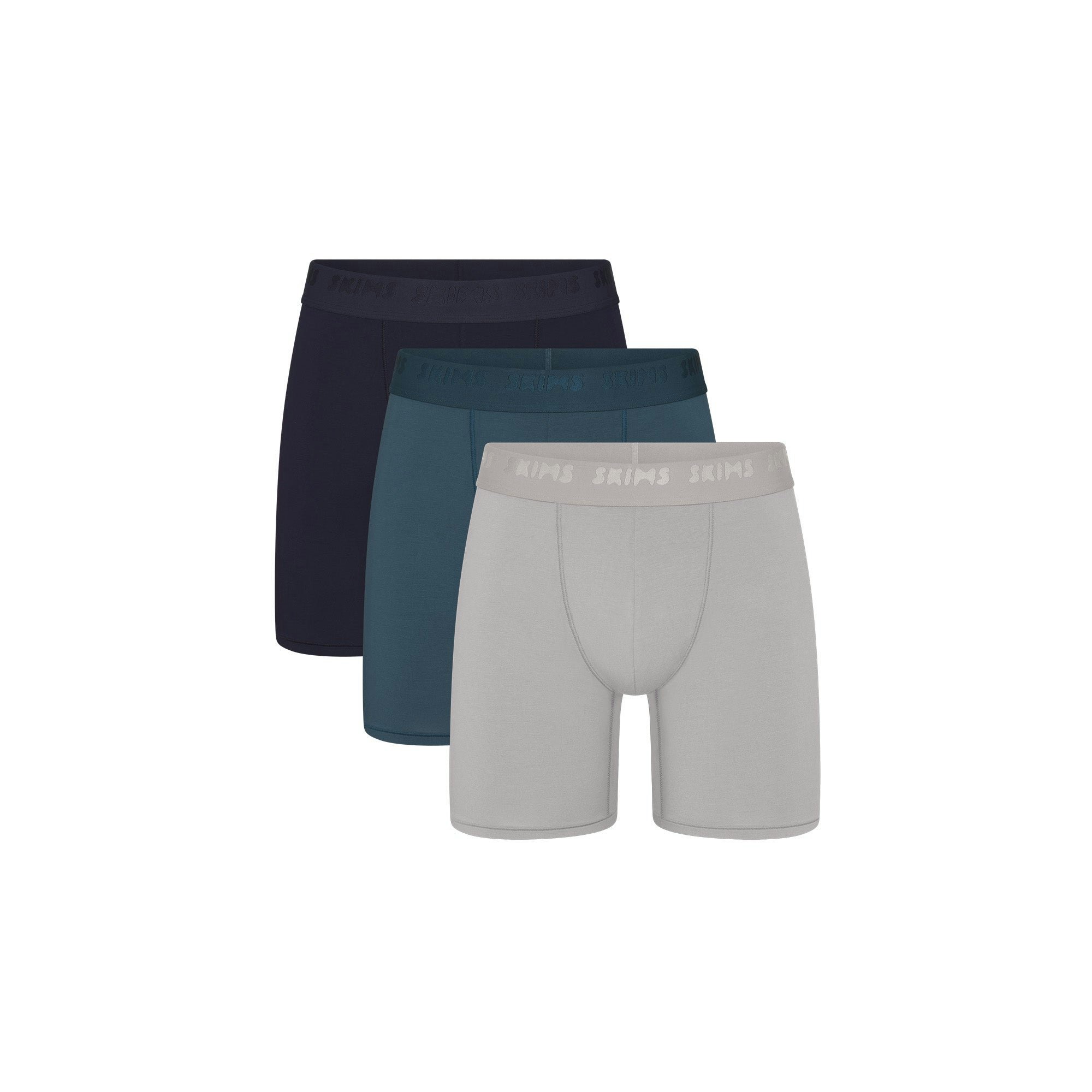 SKIMS STRETCH MENS 5 INCH BOXER BRIEF 3-PACK | INDIGO MULTI FLAT ON A WHITE BACKGROUND | FLT | FOCUS: 0.0, 1.0, 0.9