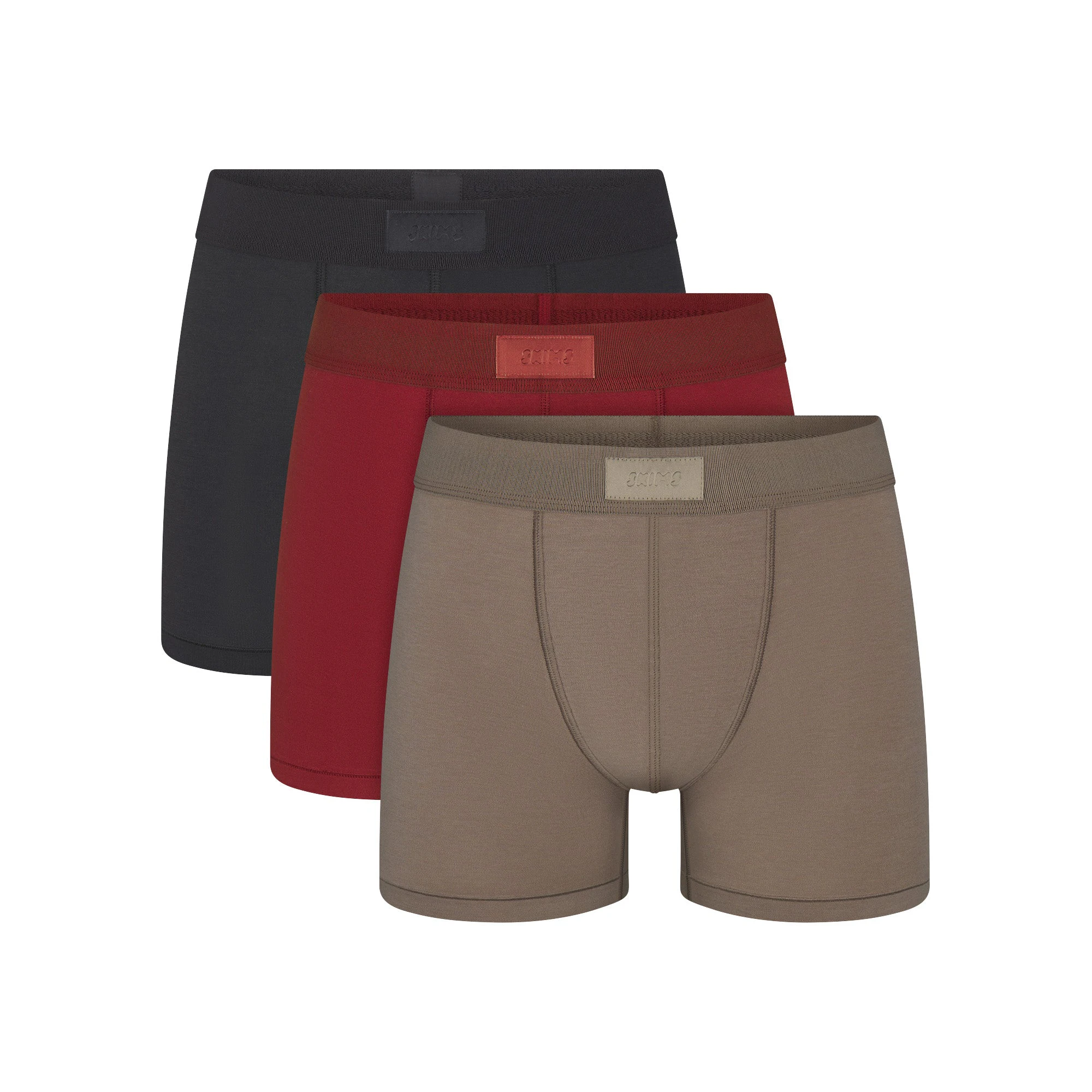 SKIMS COTTON MENS 3" BOXER BRIEF 3-PACK | MERLOT MULTI (MENS BOXERS) FLAT ON A WHITE BACKGROUND