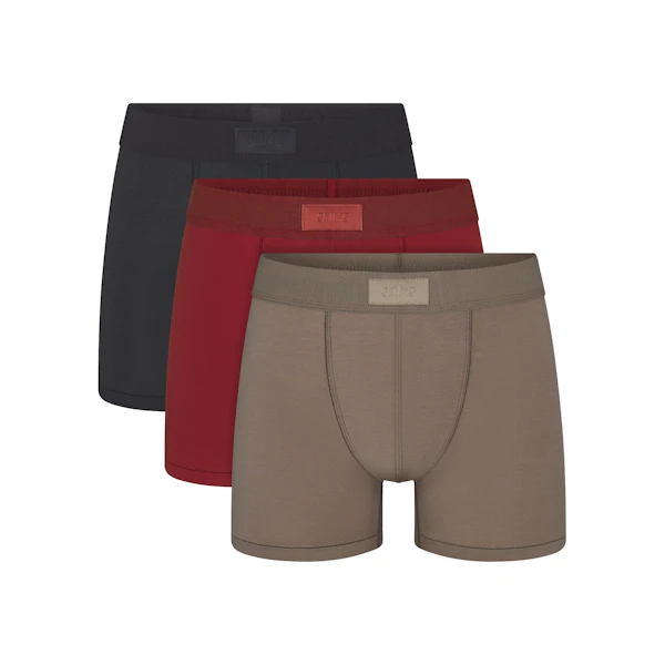 SKIMS COTTON MENS 3" BOXER BRIEF 3-PACK | MERLOT MULTI (MENS BOXERS) FLAT ON A WHITE BACKGROUND