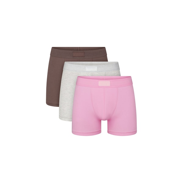 SKIMS COTTON MENS 3" BOXER BRIEF 3-PACK | BUBBLE GUM UMBER MULTI FLAT ON A WHITE BACKGROUND | FLT
