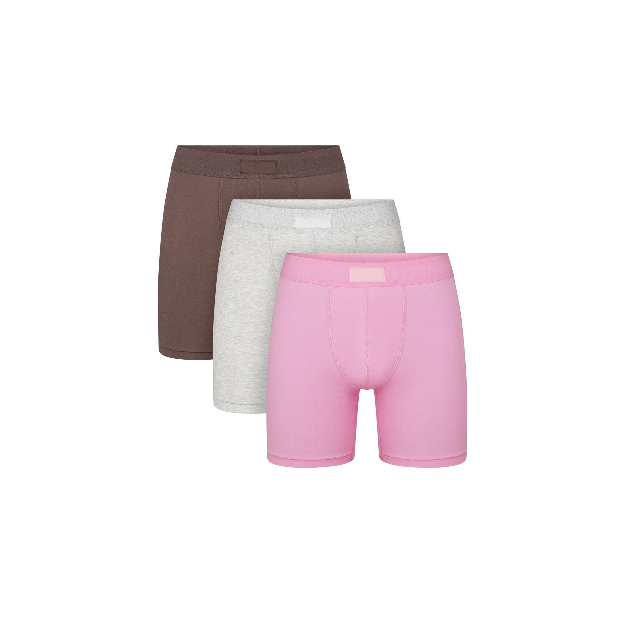 SKIMS COTTON MENS 5" BOXER BRIEF 3-PACK | BUBBLE GUM UMBER MULTI FLAT ON A WHITE BACKGROUND | FLT| FOCUS: 0.9, 0.9, 0.9