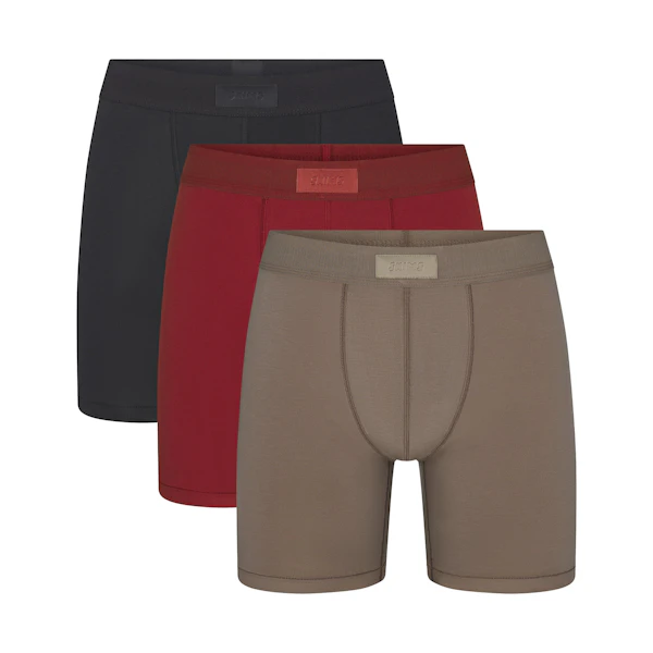 SKIMS COTTON MENS 5" BOXER BRIEF 3-PACK | MERLOT MULTI (MENS BOXERS) FLAT ON A WHITE BACKGROUND