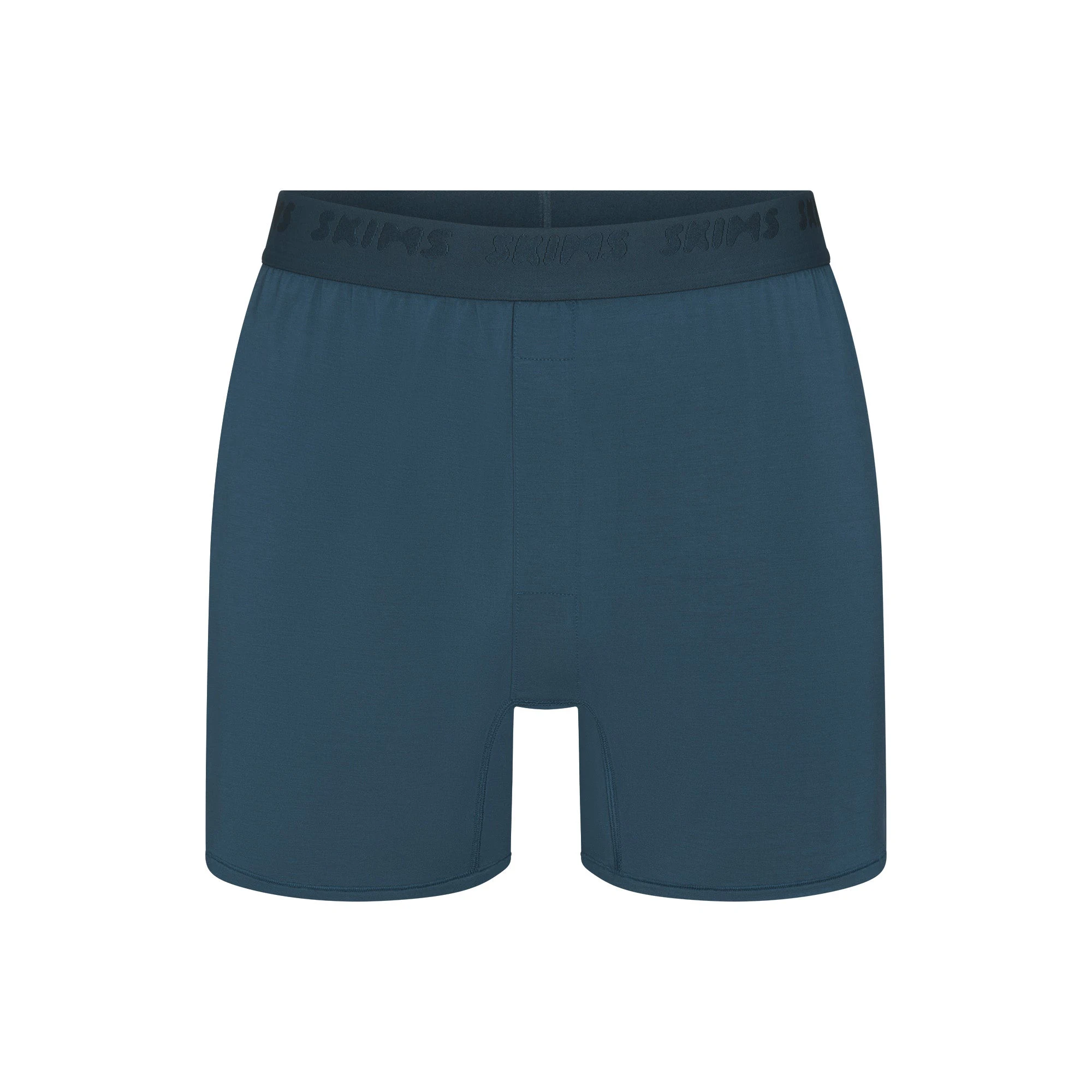 SKIMS STRETCH MENS KNIT BOXER | INDIGO FLAT ON A WHITE BACKGROUND | FLT | FOCUS: 0.0, 1.0, 0.9