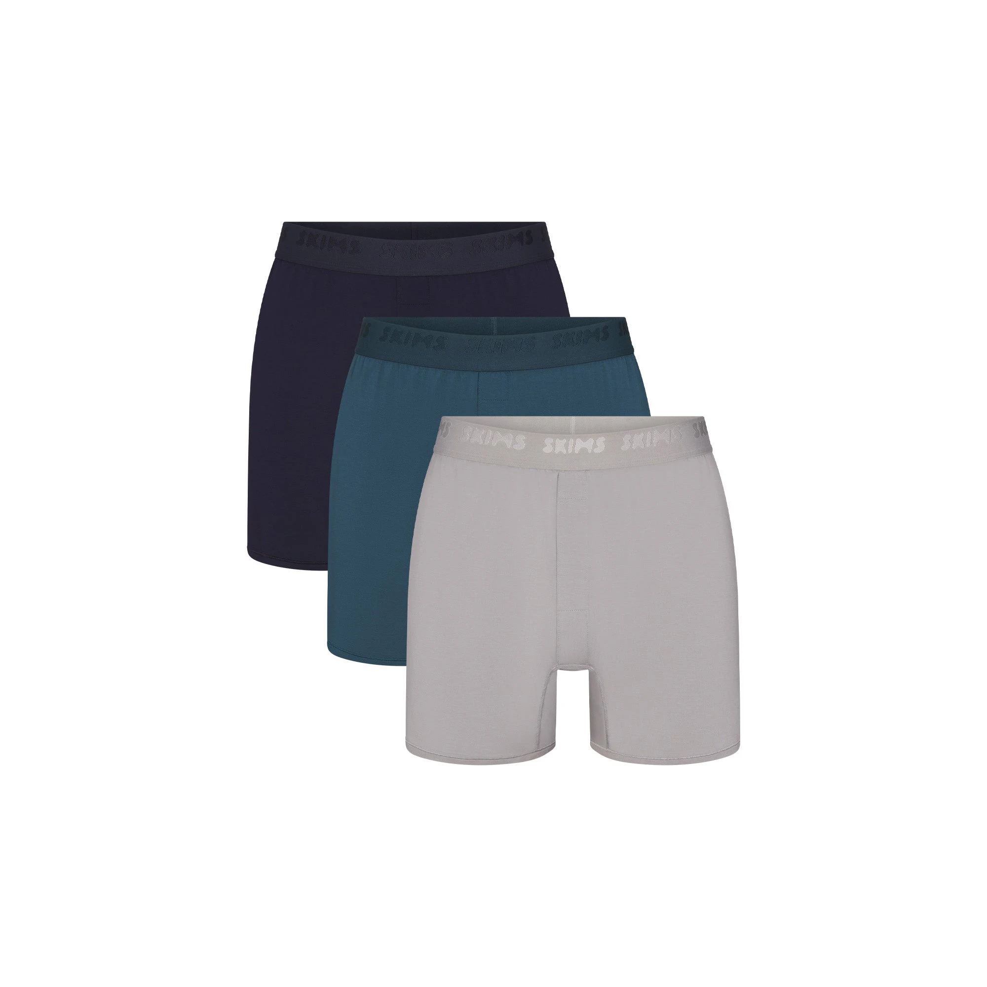 SKIMS STRETCH MENS KNIT BOXER 3-PACK | INDIGO MULTI FLAT ON A WHITE BACKGROUND | FLT | FOCUS: 0.0, 1.0, 0.9