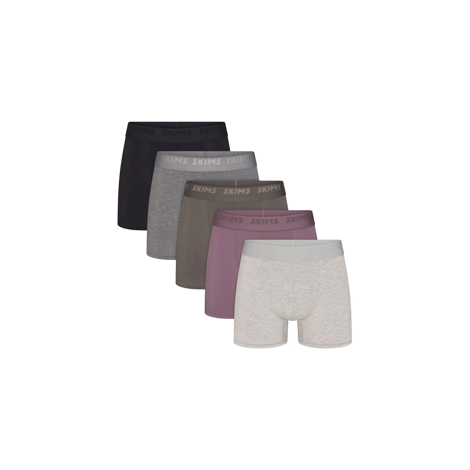 SKIMS STRETCH MENS 3" BOXER BRIEF 5-PACK | IRIS GUNMETAL MULTI FLAT ON A WHITE BACKGROUND | FLT @ | FOCUS: 0.0, 1.0, 0.9