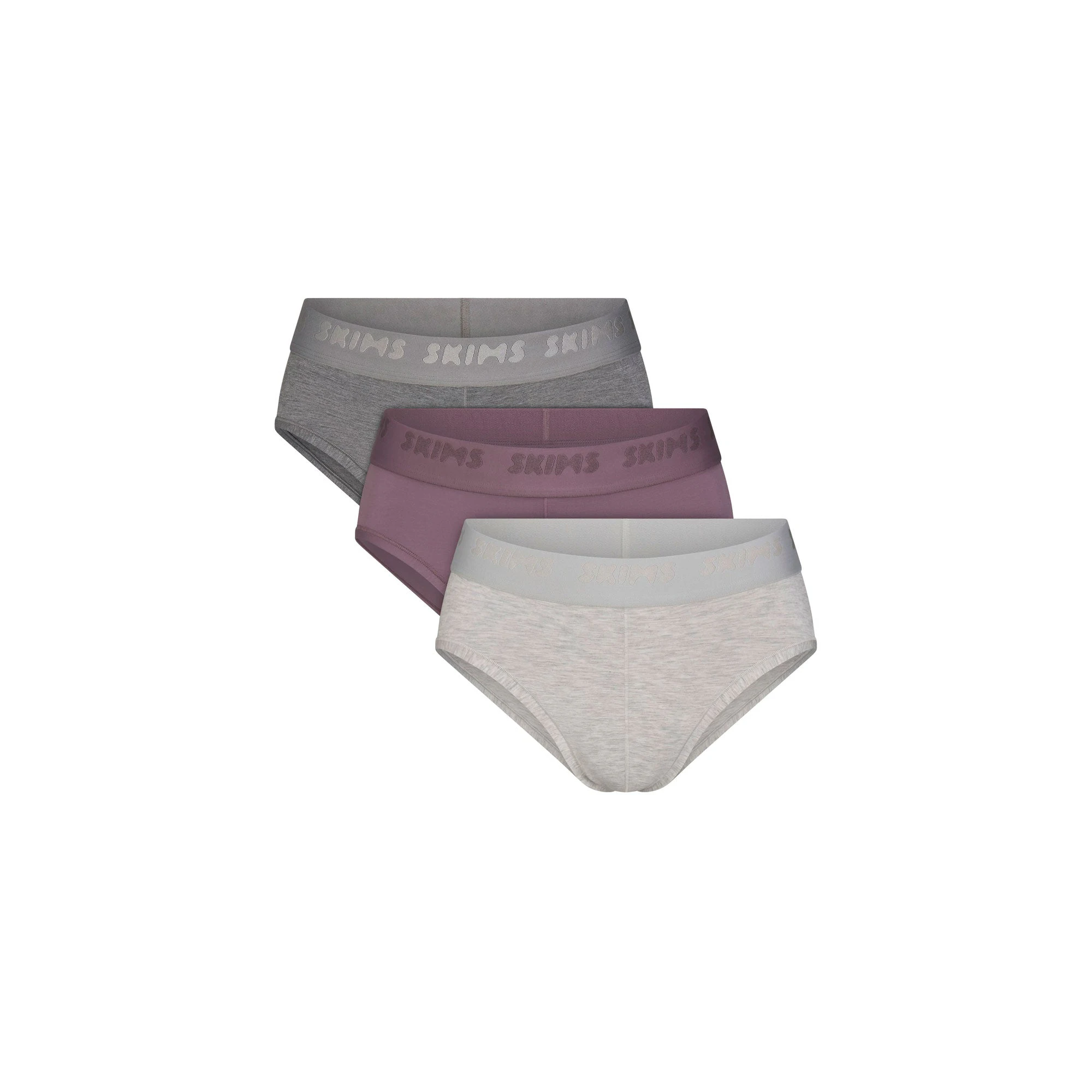 SKIMS STRETCH MENS BRIEF 3-PACK | IRIS HEATHER MULTI & LAYS FLAT ON A WHITE BACKGROUND | FLT @ | FOCUS: 0.0, 1.0, 0.9
