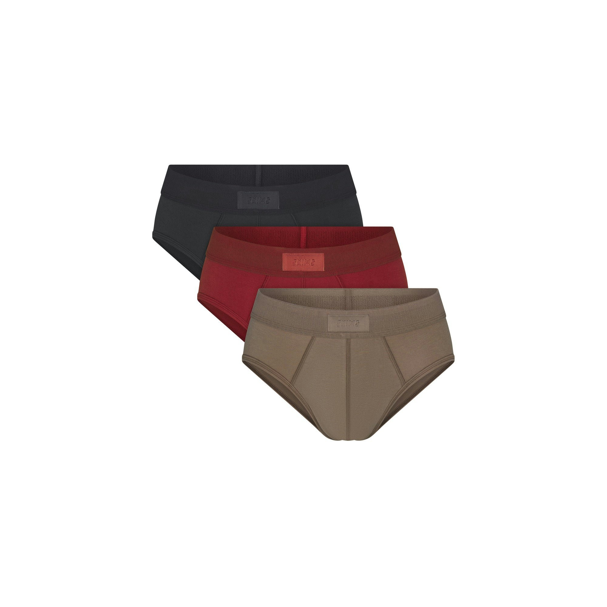 SKIMS COTTON MENS BRIEF 3-PACK | MERLOT MULTI (MENS BRIEFS) FLAT ON A WHITE BACKGROUND | FLT  | FOCUS: 0.0, 1.0, 0.9