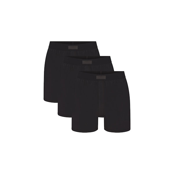 SKIMS COTTON MENS KNIT BOXER 3-PACK | ONYX FLAT ON A WHITE BACKGROUND | FLT