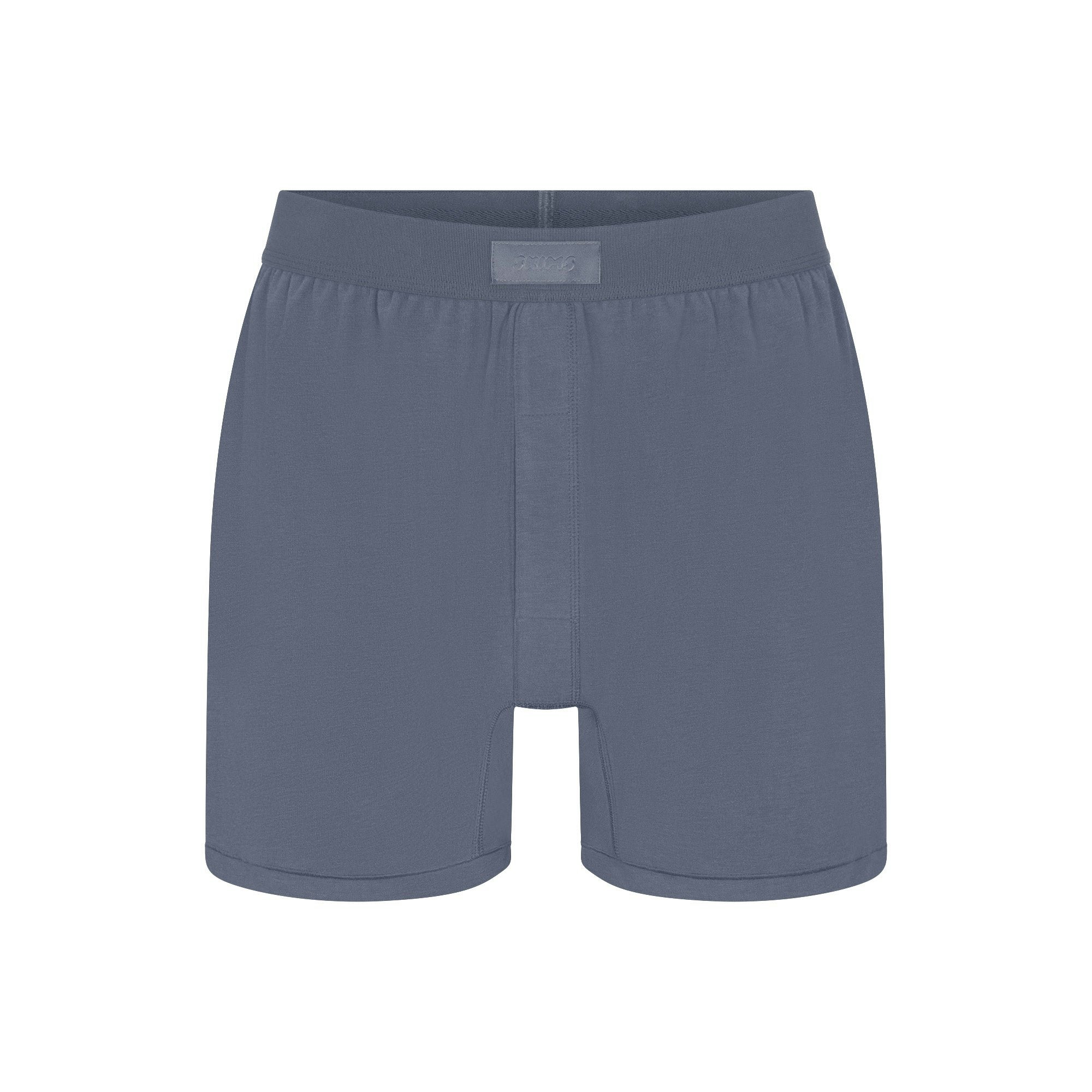 SKIMS COTTON MENS KNIT BOXER | STEEL BLUE FLAT ON A WHITE BACKGROUND | FLT