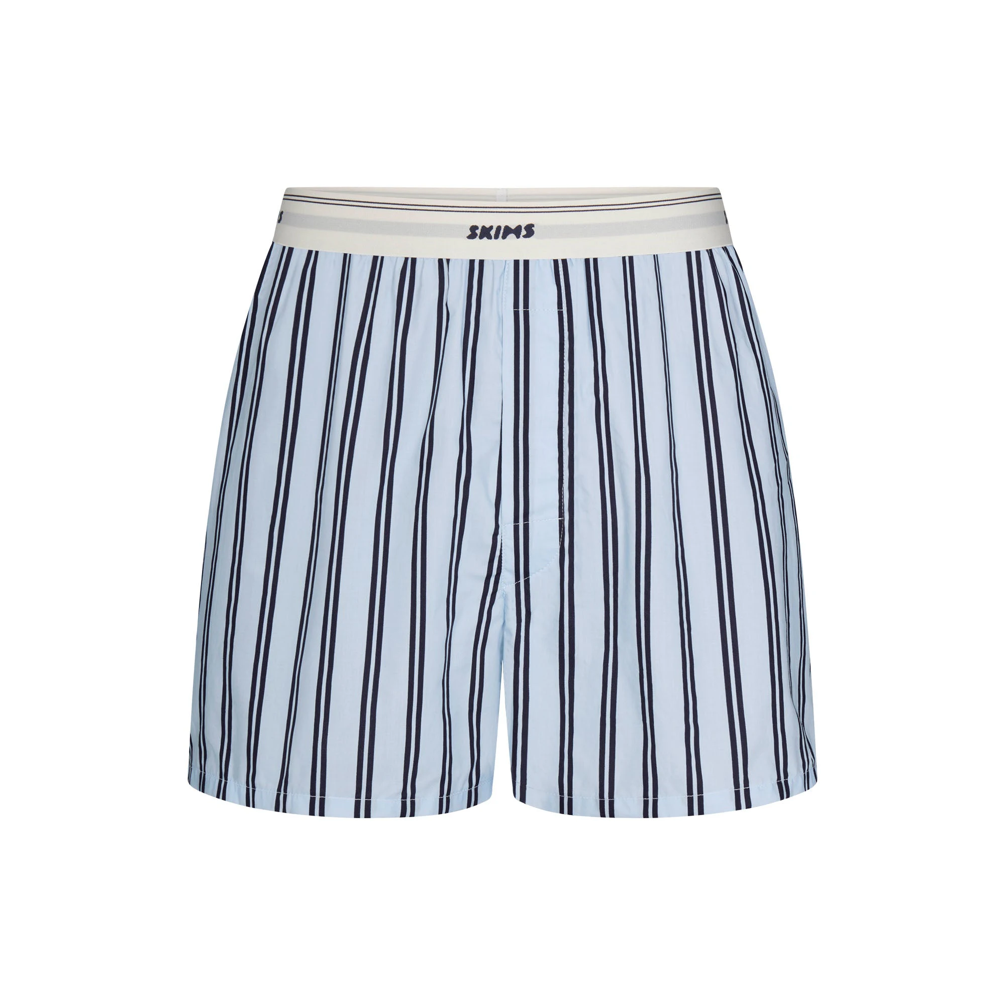 COTTON POPLIN MENS LOGO BAND BOXER | PERIWINKLE STRIPE FLAT ON A WHITE BACKGROUND | FLT