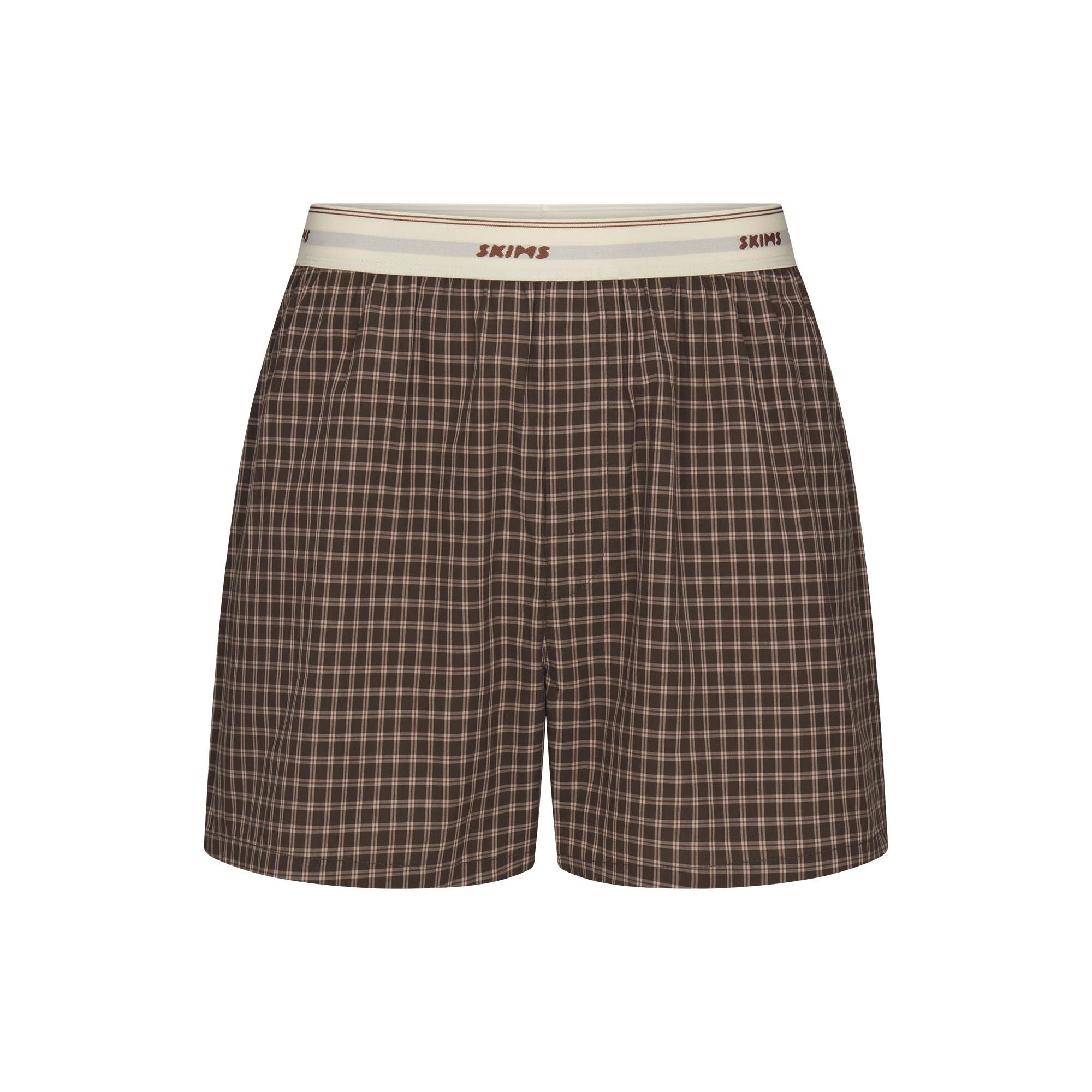 COTTON POPLIN MENS LOGO BAND BOXER | ESPRESSO CHECK FLAT ON A WHITE BACKGROUND @ | FLT