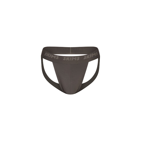 SKIMS STRETCH MENS JOCKSTRAP | GUNMETAL FLAT ON A WHITE BACKGROUND @ | FOCUS: 0.0, 1.0, 0.9