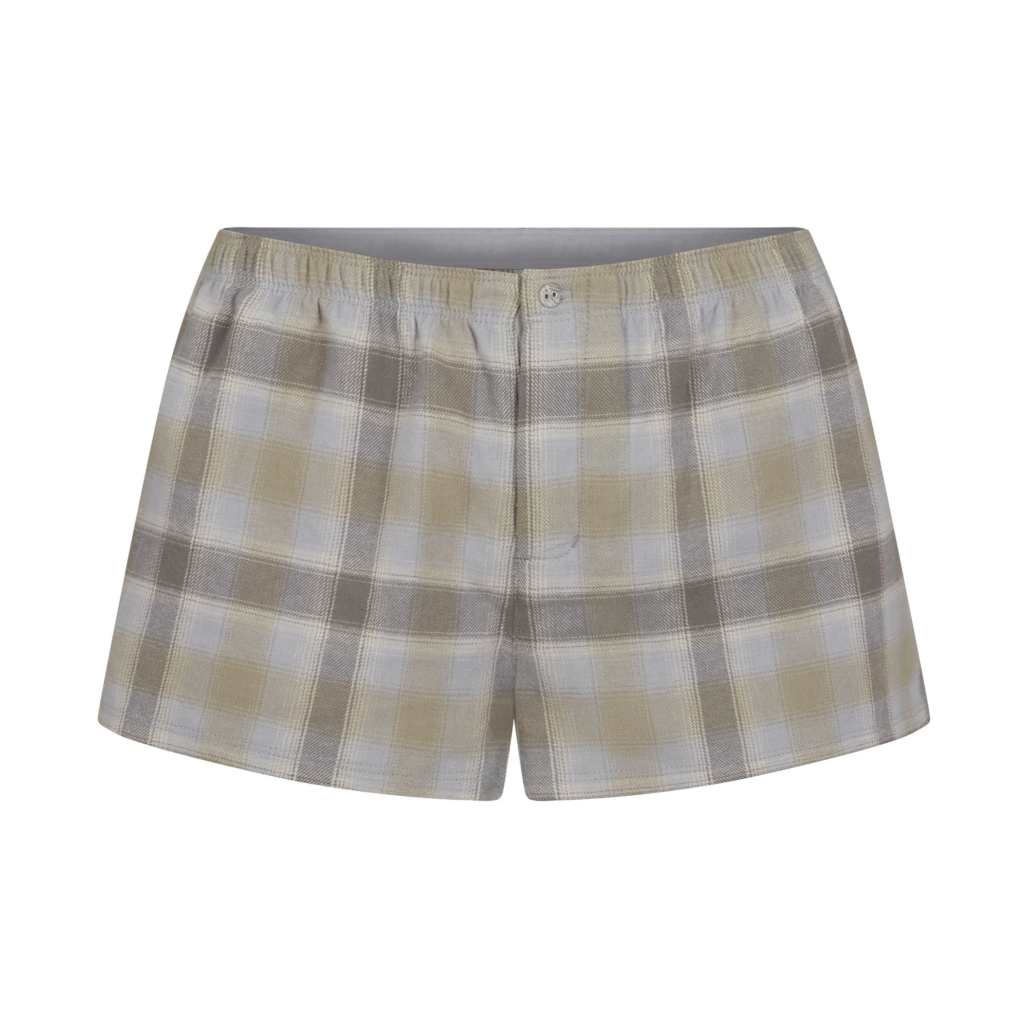 FLANNEL SLEEP CHEEKY BOXER | TAUPE PLAID (BOXERS) FLAT ON A WHITE BACKGROUND | FLT