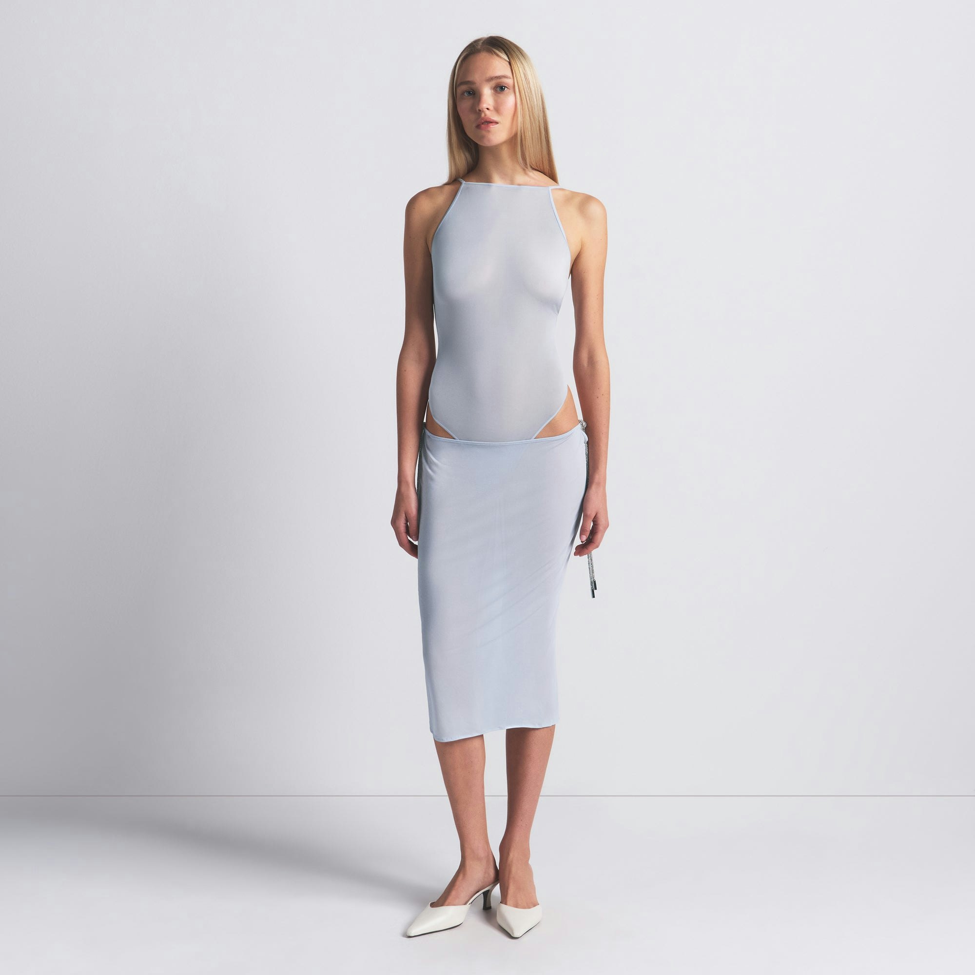 RHINESTONE KNIT OPEN BACK BODYSUIT | ZEN BLUE ON A MODEL FRONT VIEW @ | FOCUS: 0.0, 1.0, 0.9