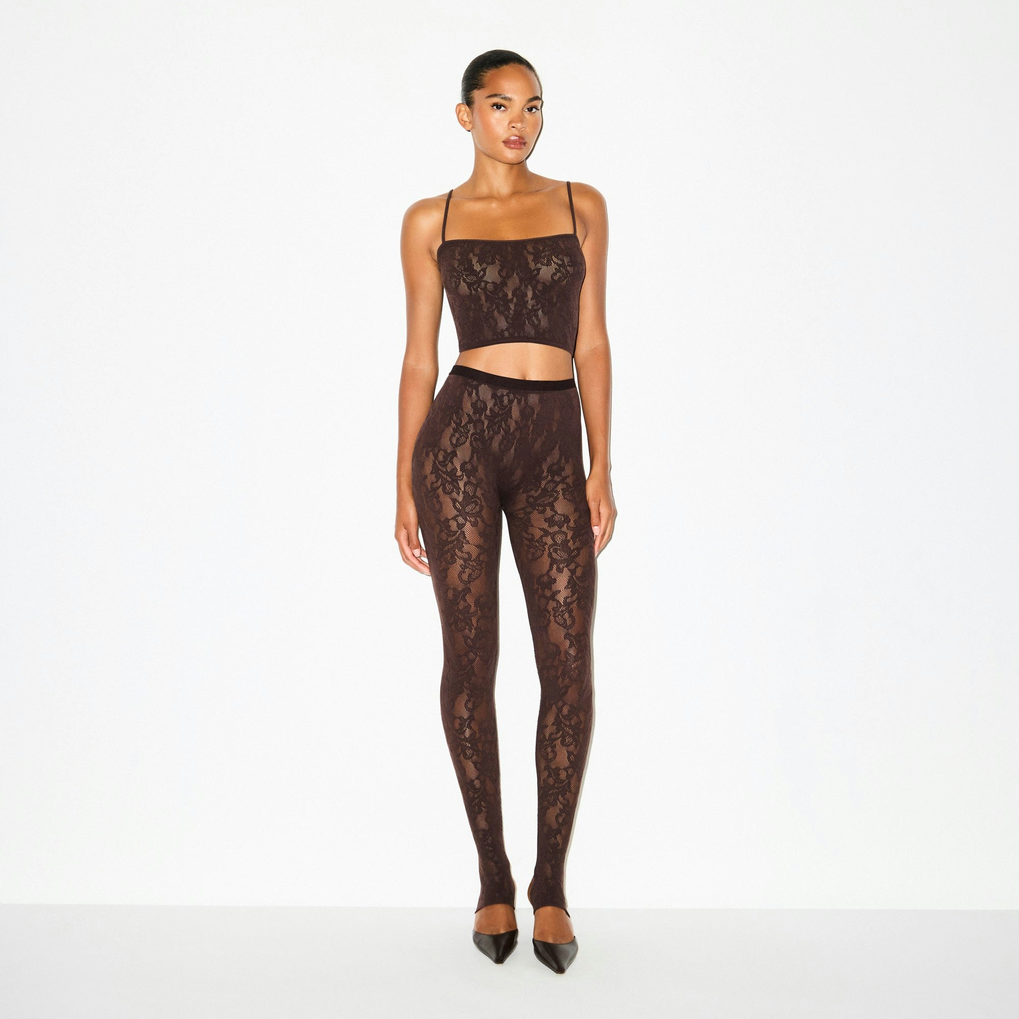 KNIT LACE CROPPED CAMI | ESPRESSO ON A MODEL FRONT VIEW @ | FOCUS: 0.0, 1.0, 0.9