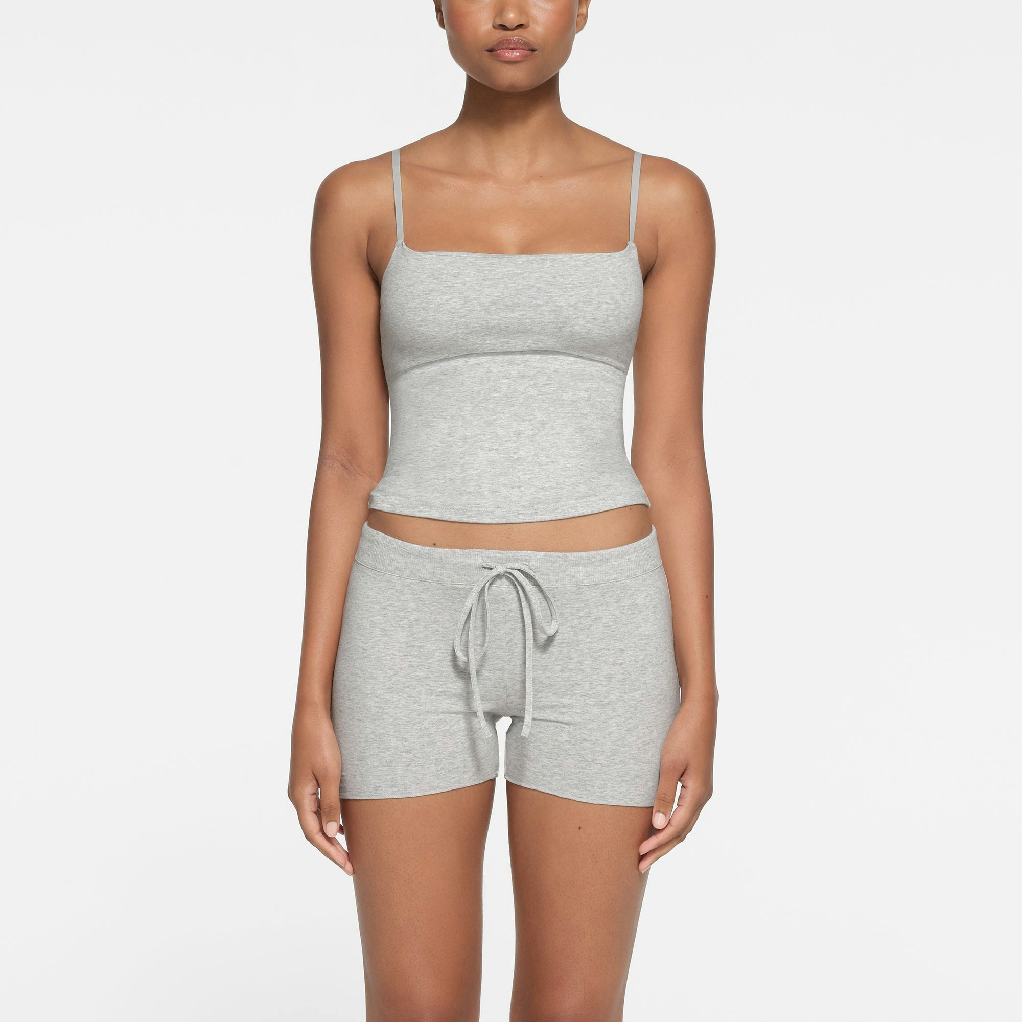 COTTON JERSEY CAMI | LIGHT HEATHER GREY ON A MODEL FRONT VIEW