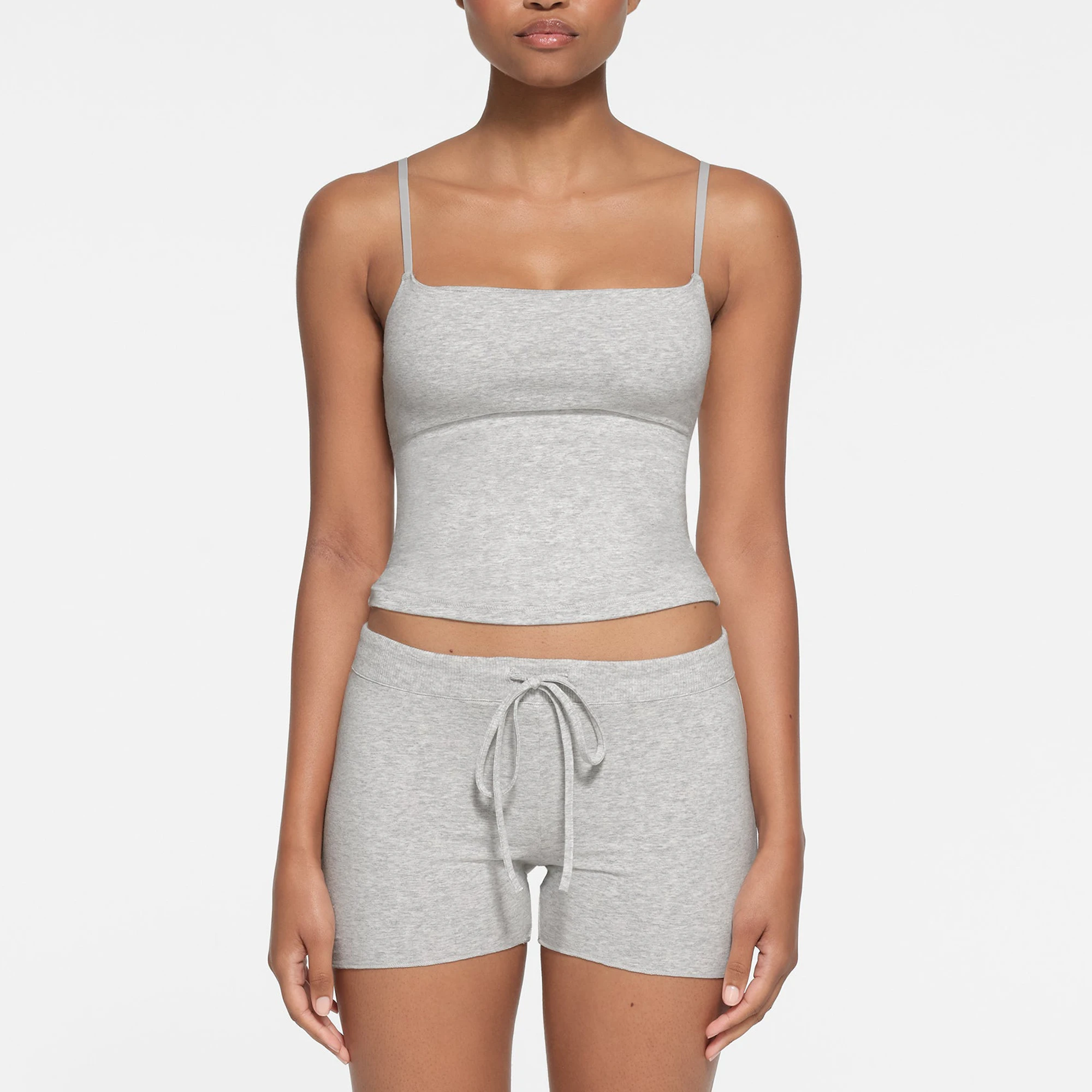 COTTON JERSEY CAMI | LIGHT HEATHER GREY ON A MODEL FRONT VIEW